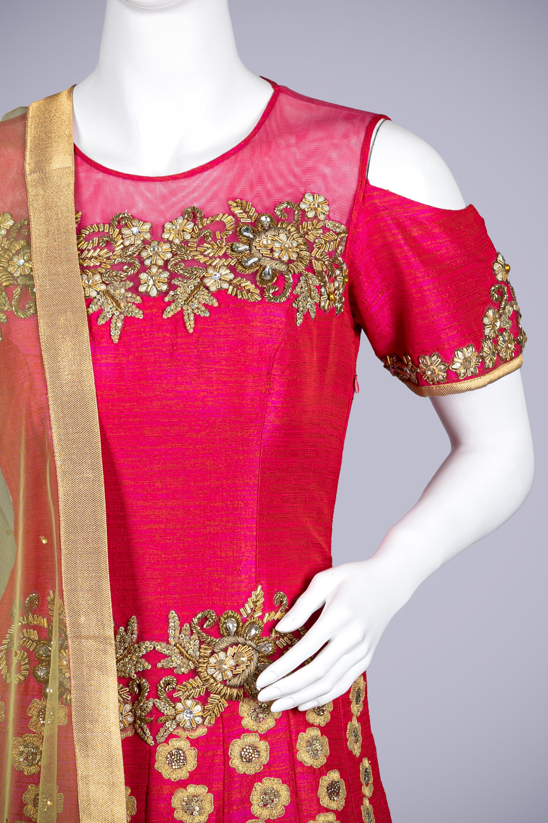 Hot Pink Silk Gown with Jadau and Crystal Work - Shreeman