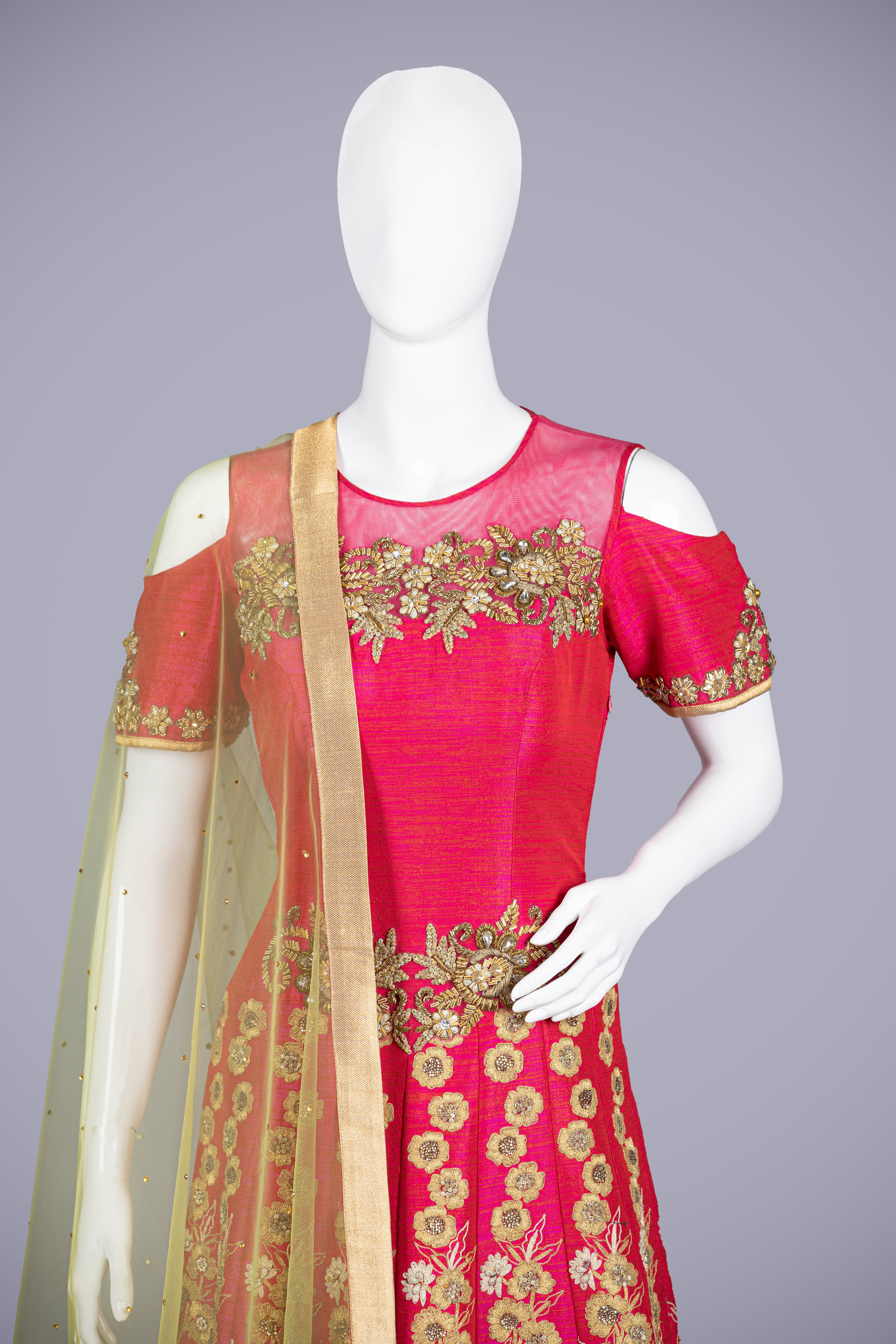 Hot Pink Silk Gown with Jadau and Crystal Work - Shreeman