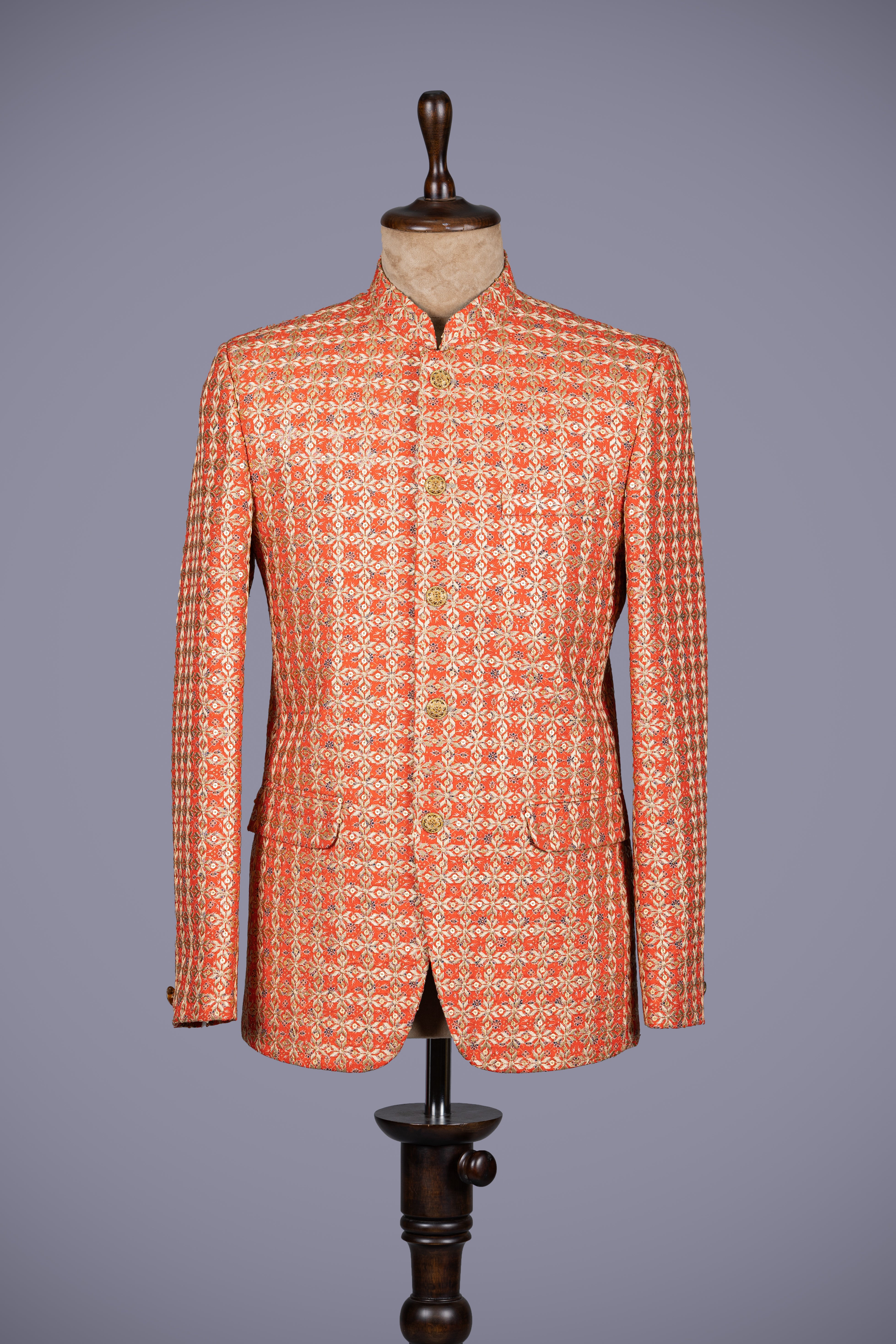 Orange Raw Silk Jodhpuri Suit with Exquisite Embroidery - Shreeman