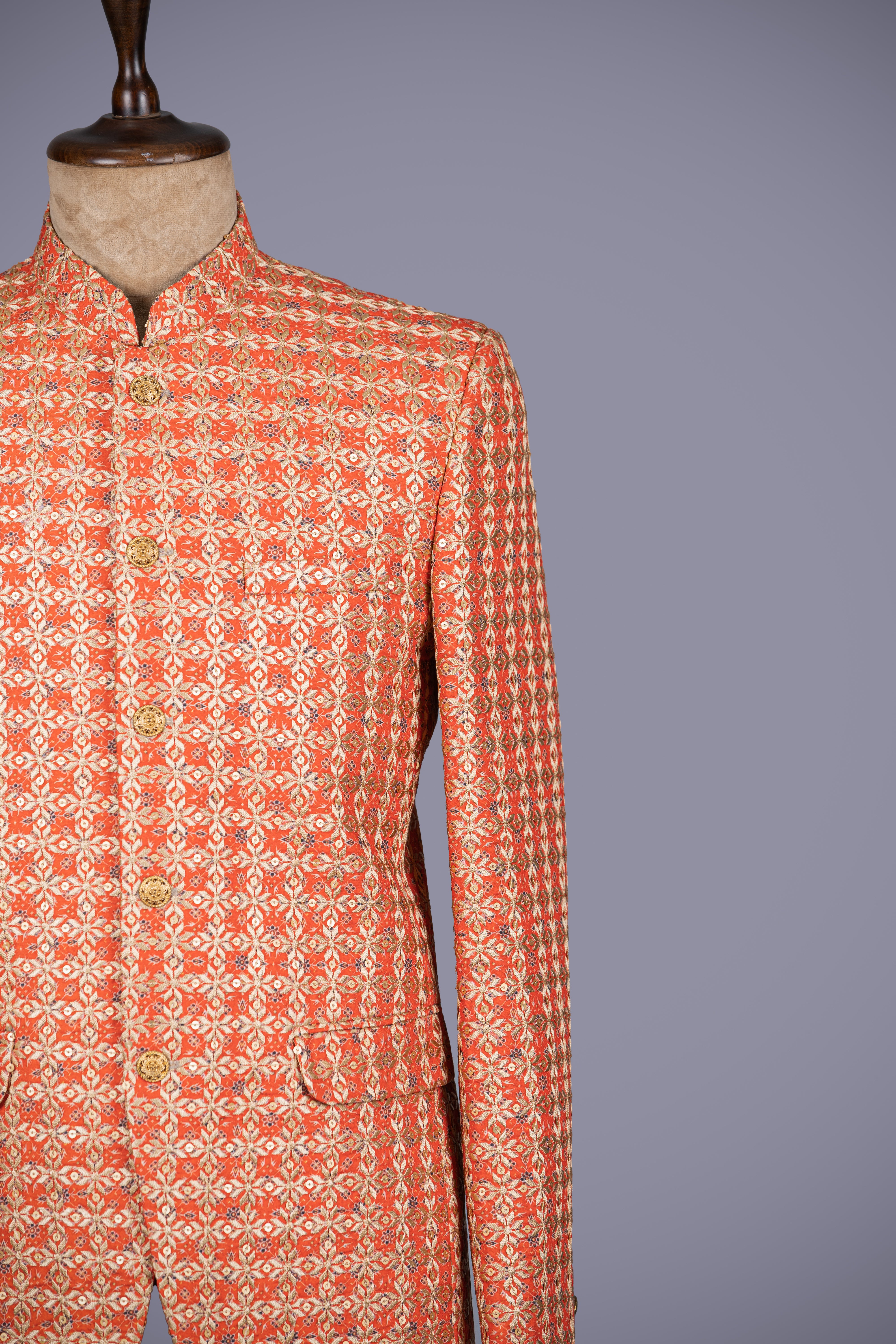 Orange Raw Silk Jodhpuri Suit with Exquisite Embroidery - Shreeman