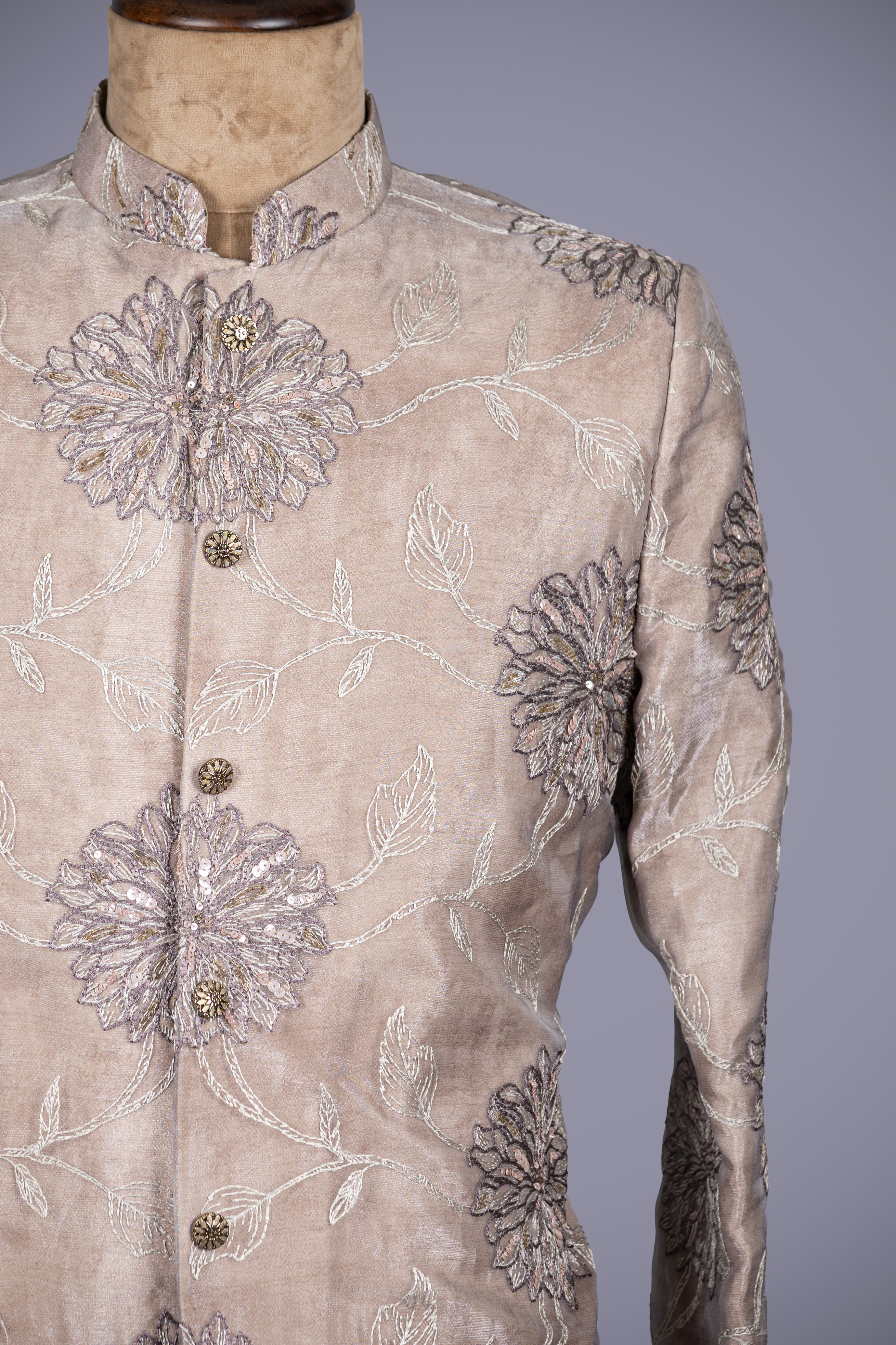 Gray Organza Sherwani with Applique and Sequence Work