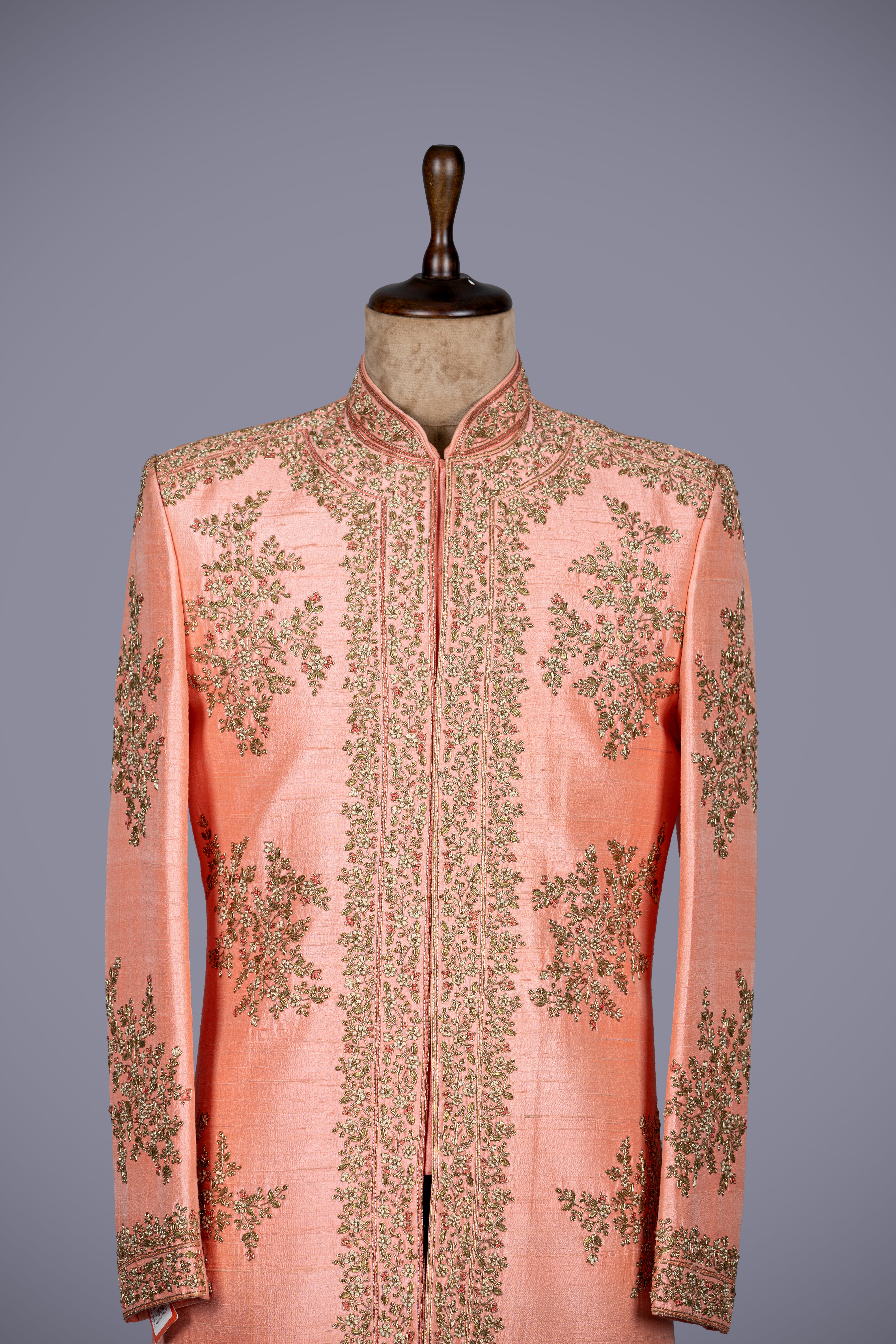 Carrot Art Silk Sherwani with Zardosi Embroidery - Shreeman