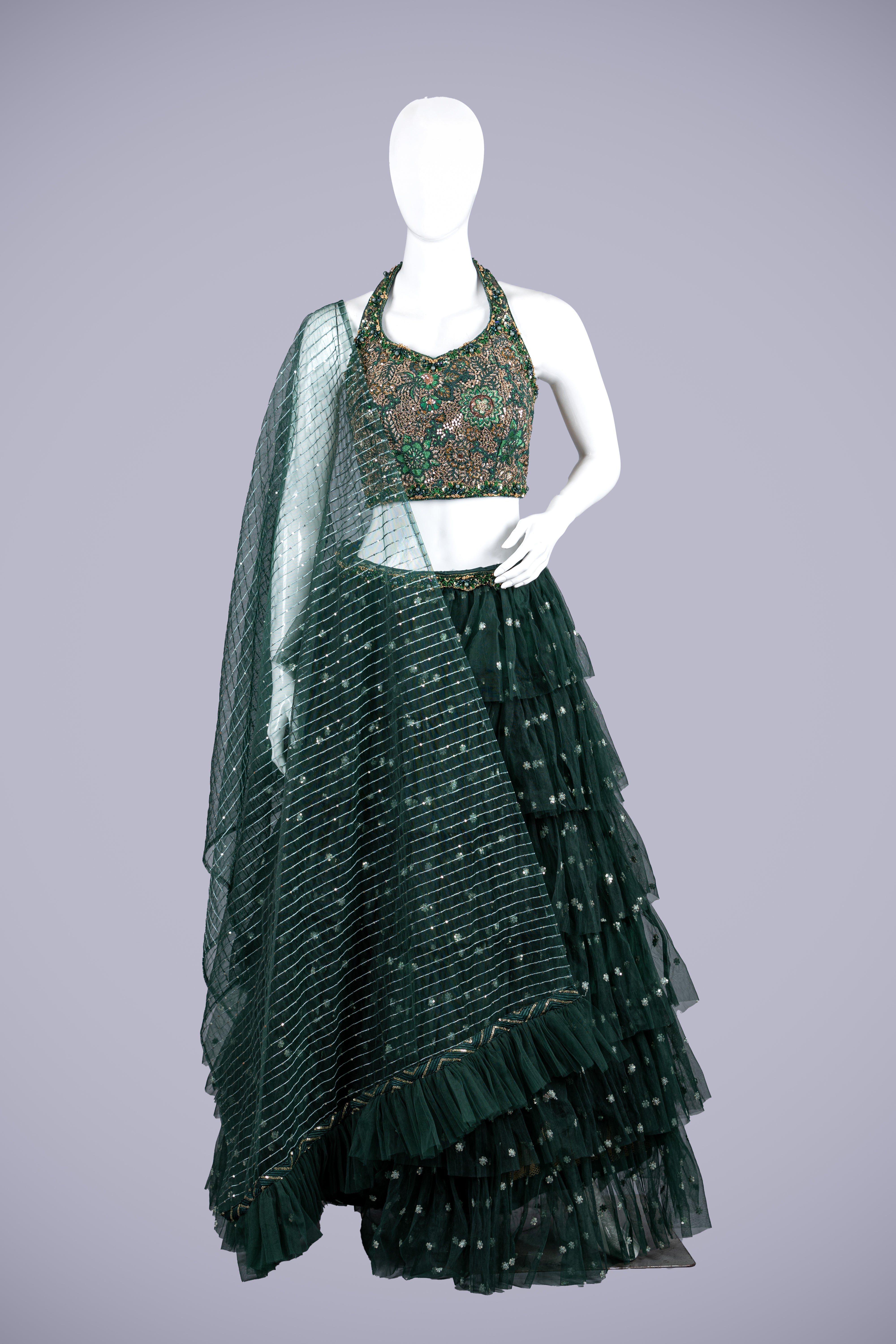 Green Net Lehenga Choli with Shimmering Sequence Work - Shreeman