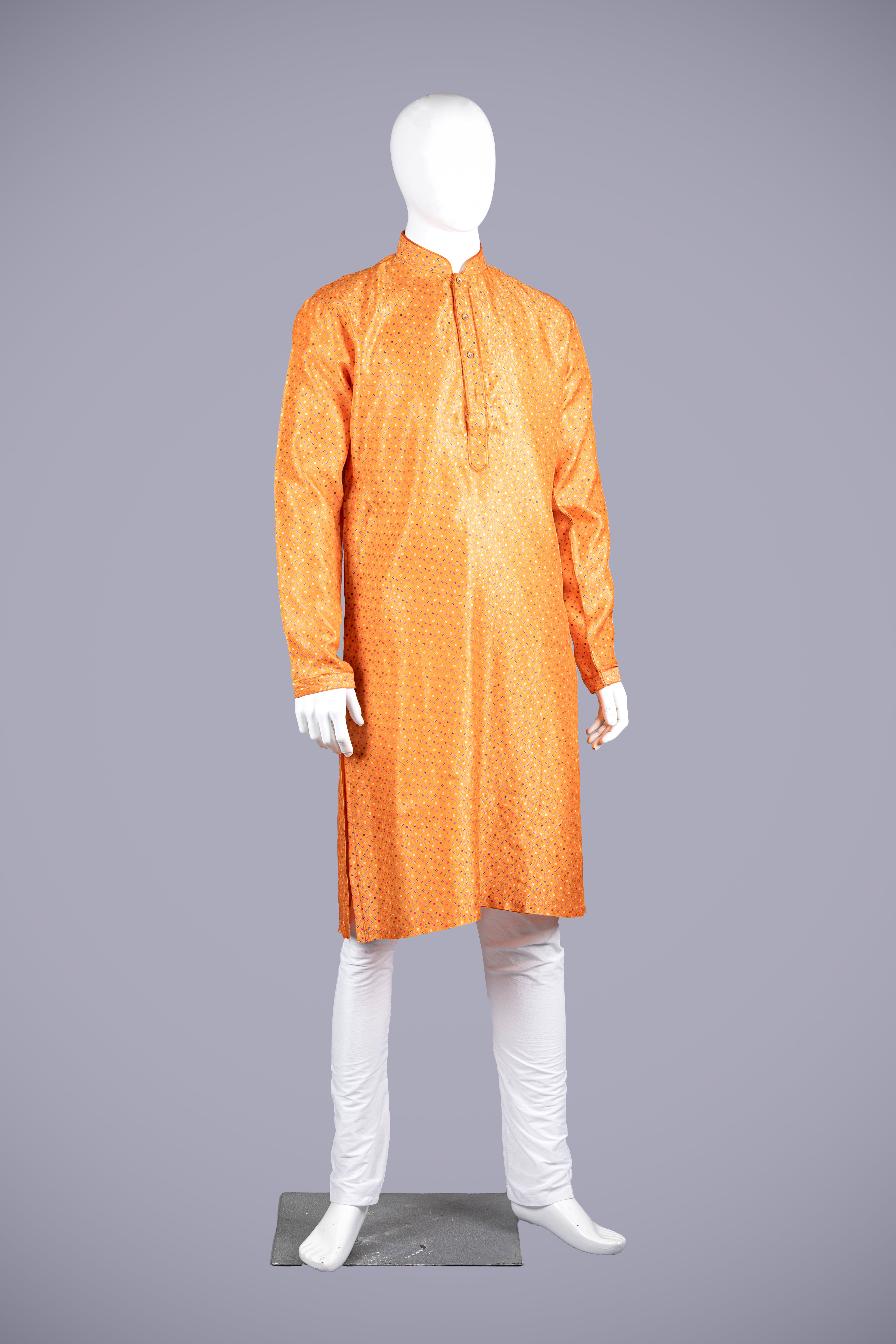 Orange Art Silk Kurta Set with Churidar for Men - Shreeman