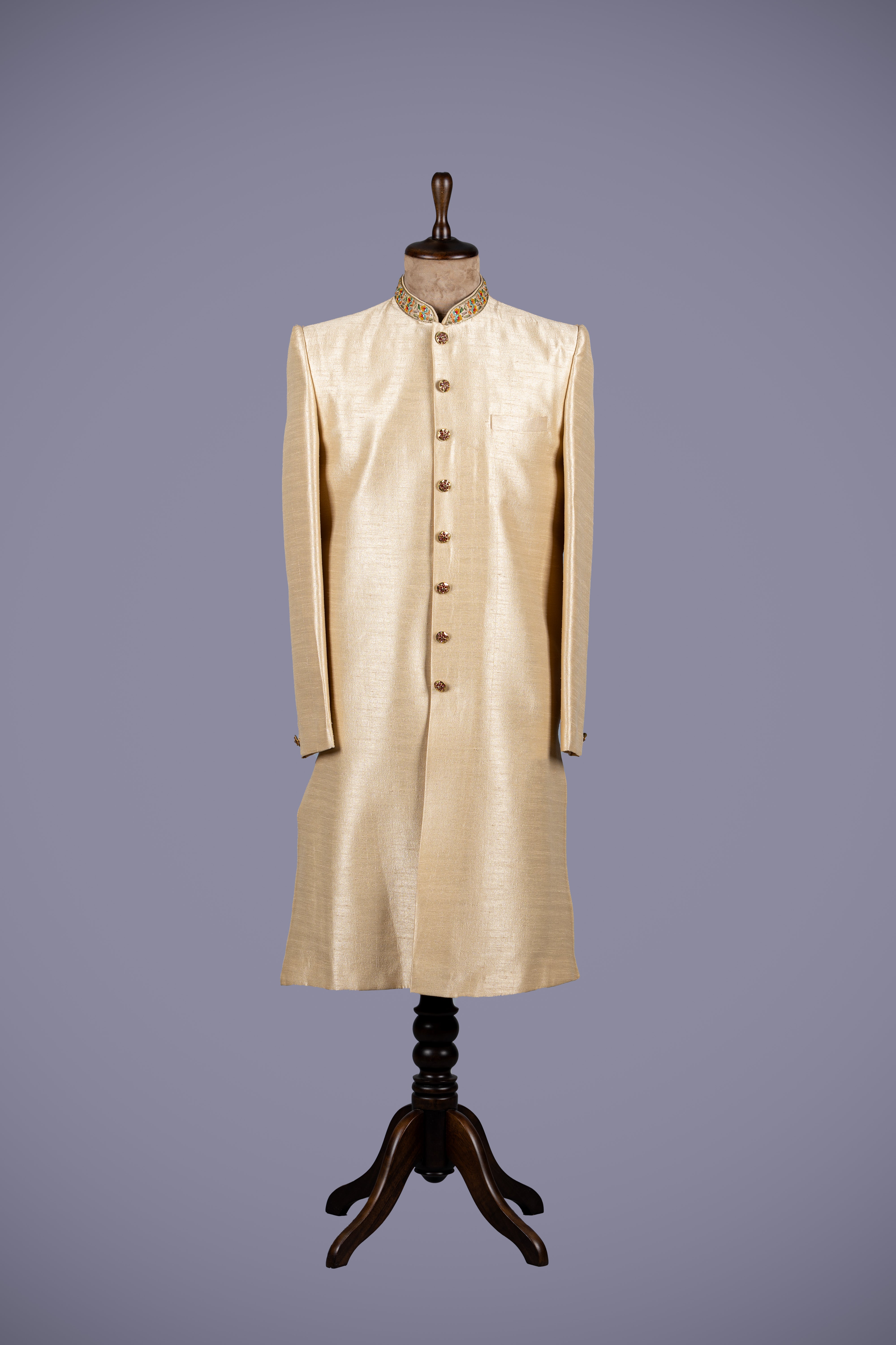 Cream Raw Silk Sherwani with Resham Sequence Work - Shreeman