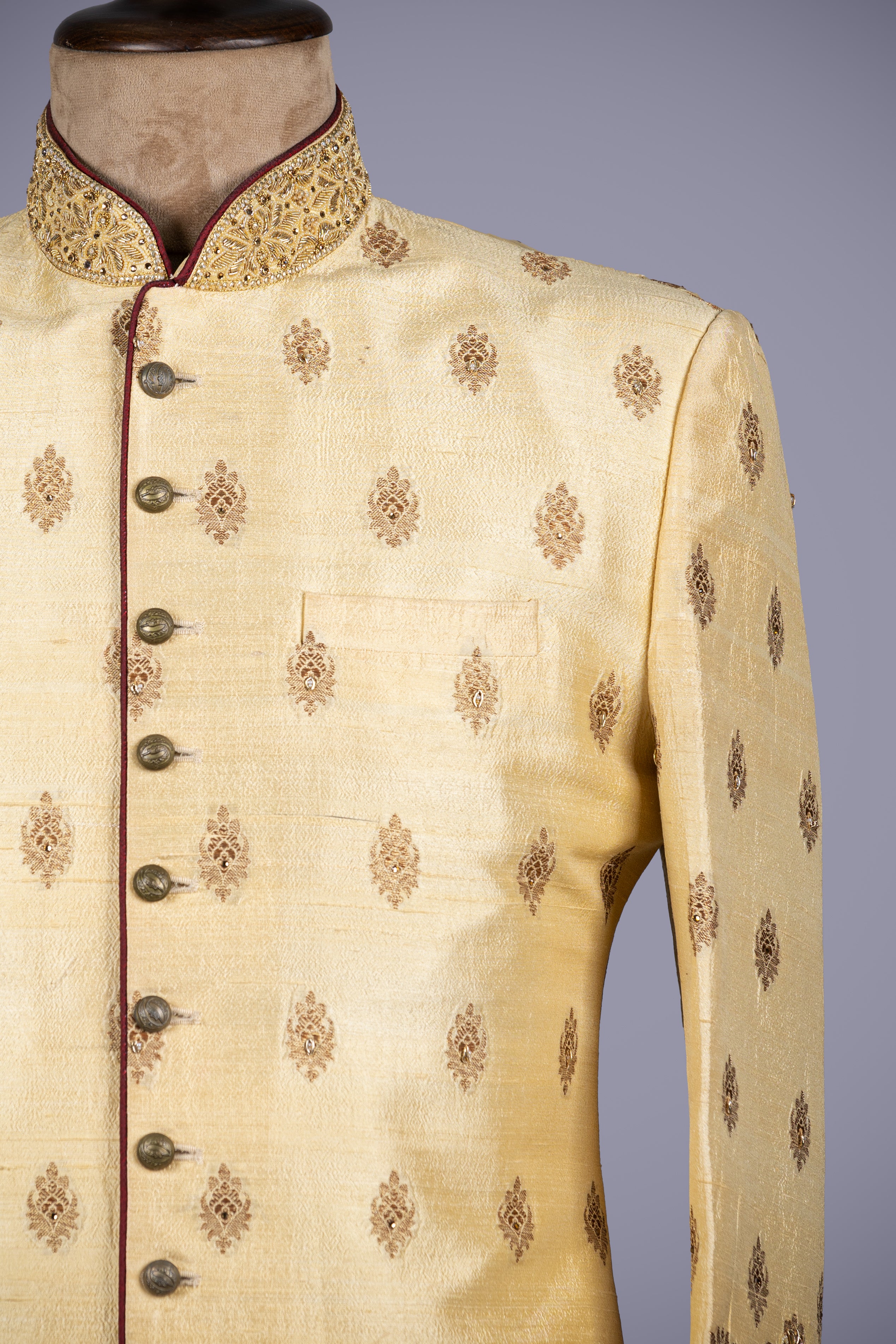 Gold Raw Silk Sherwani with Aari & Resham Work - Shreeman