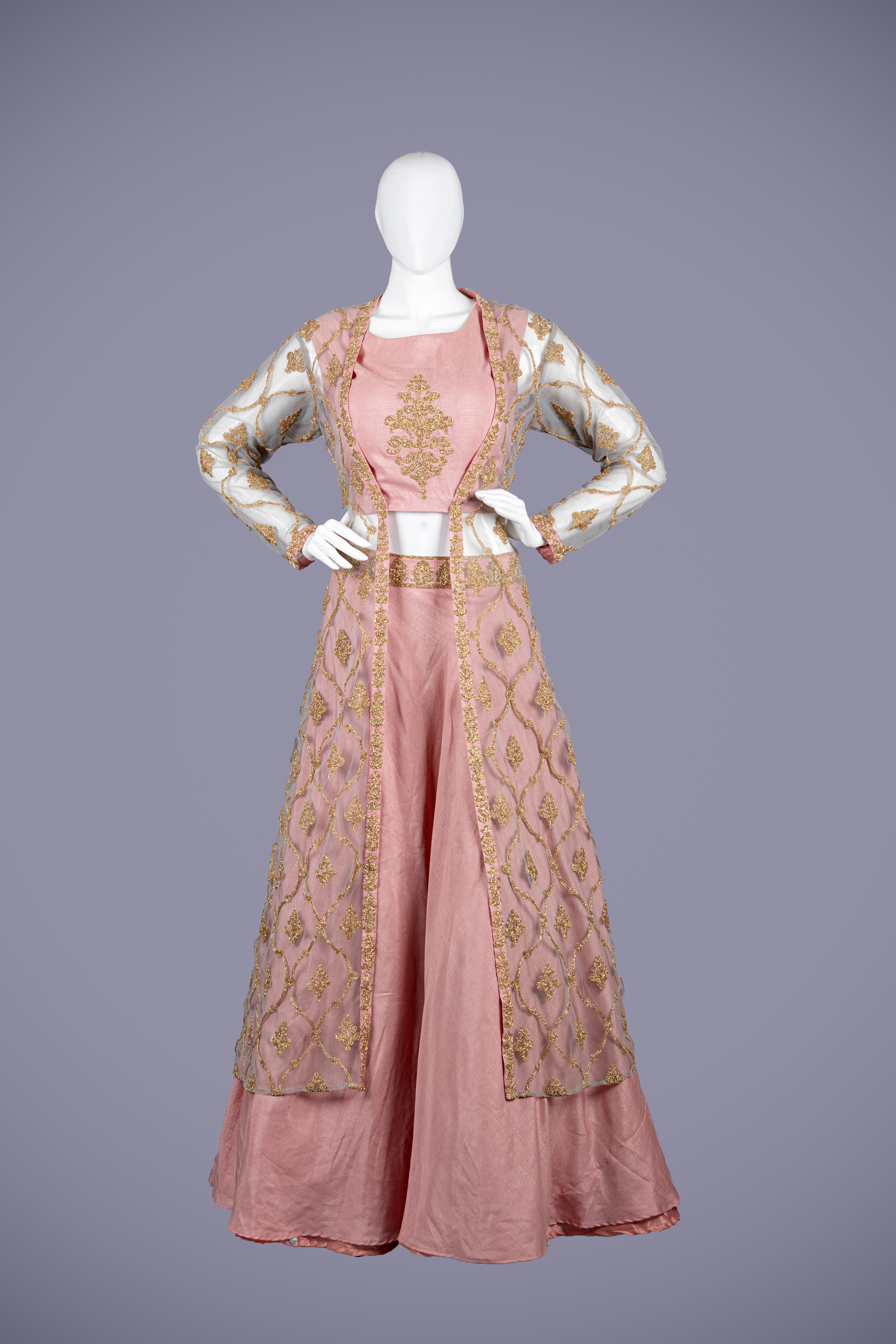 Pink Silk Indo Western Dress with Aari Work - Shreeman