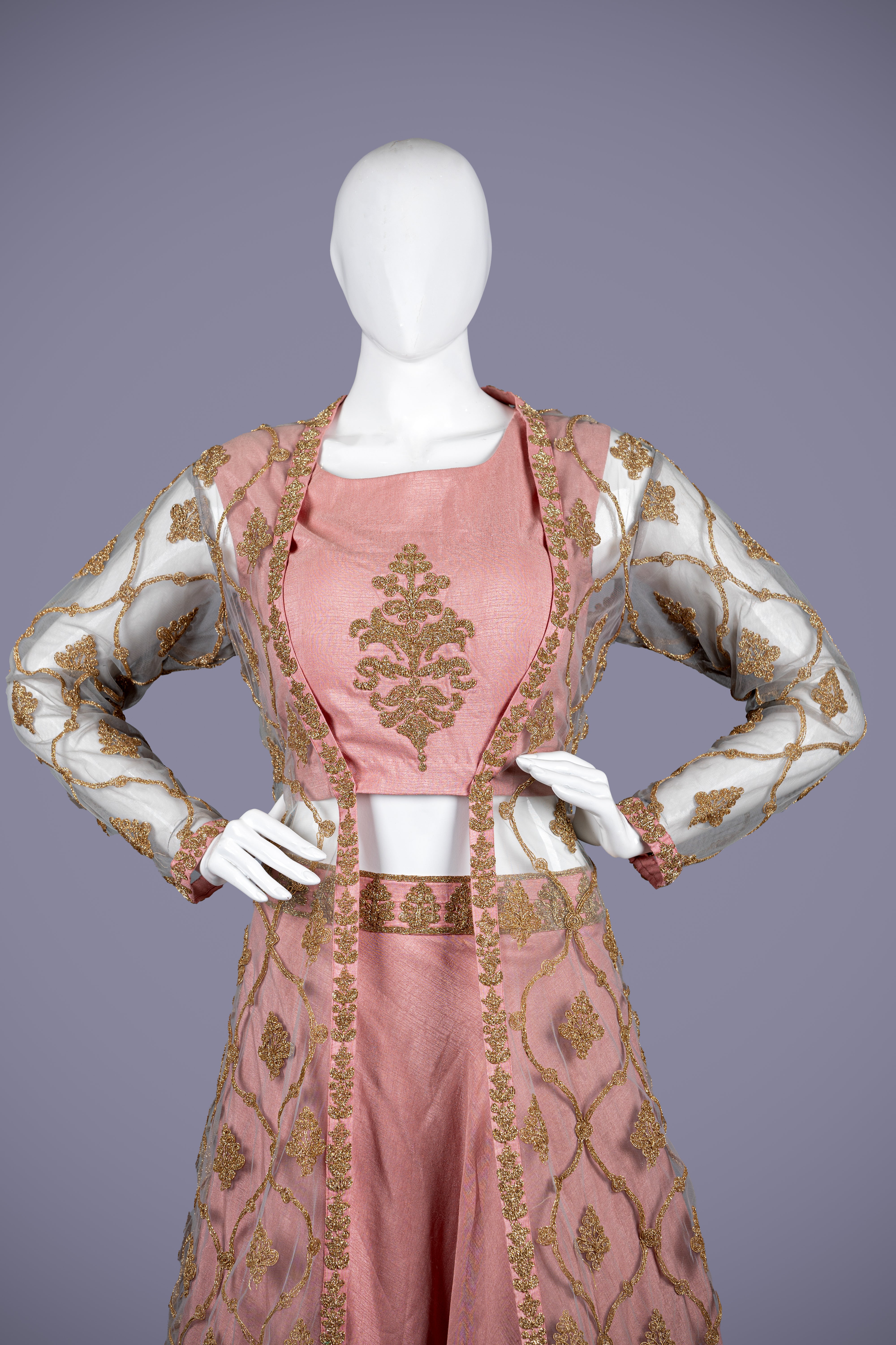 Pink Silk Indo Western Dress with Aari Work - Shreeman