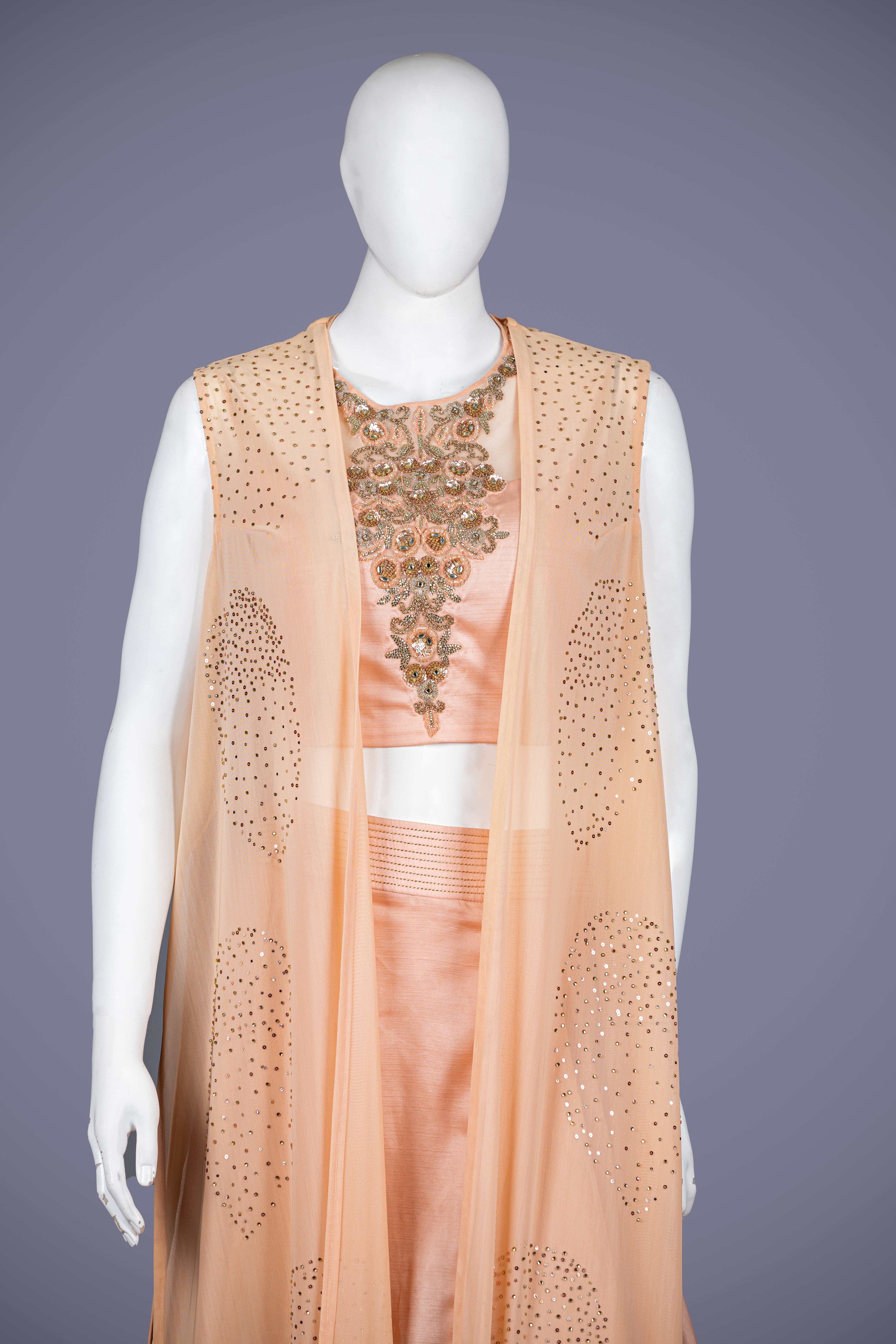 Peach Raw Silk Crop Top Set with Cutdana & Sequence Work - Shreeman