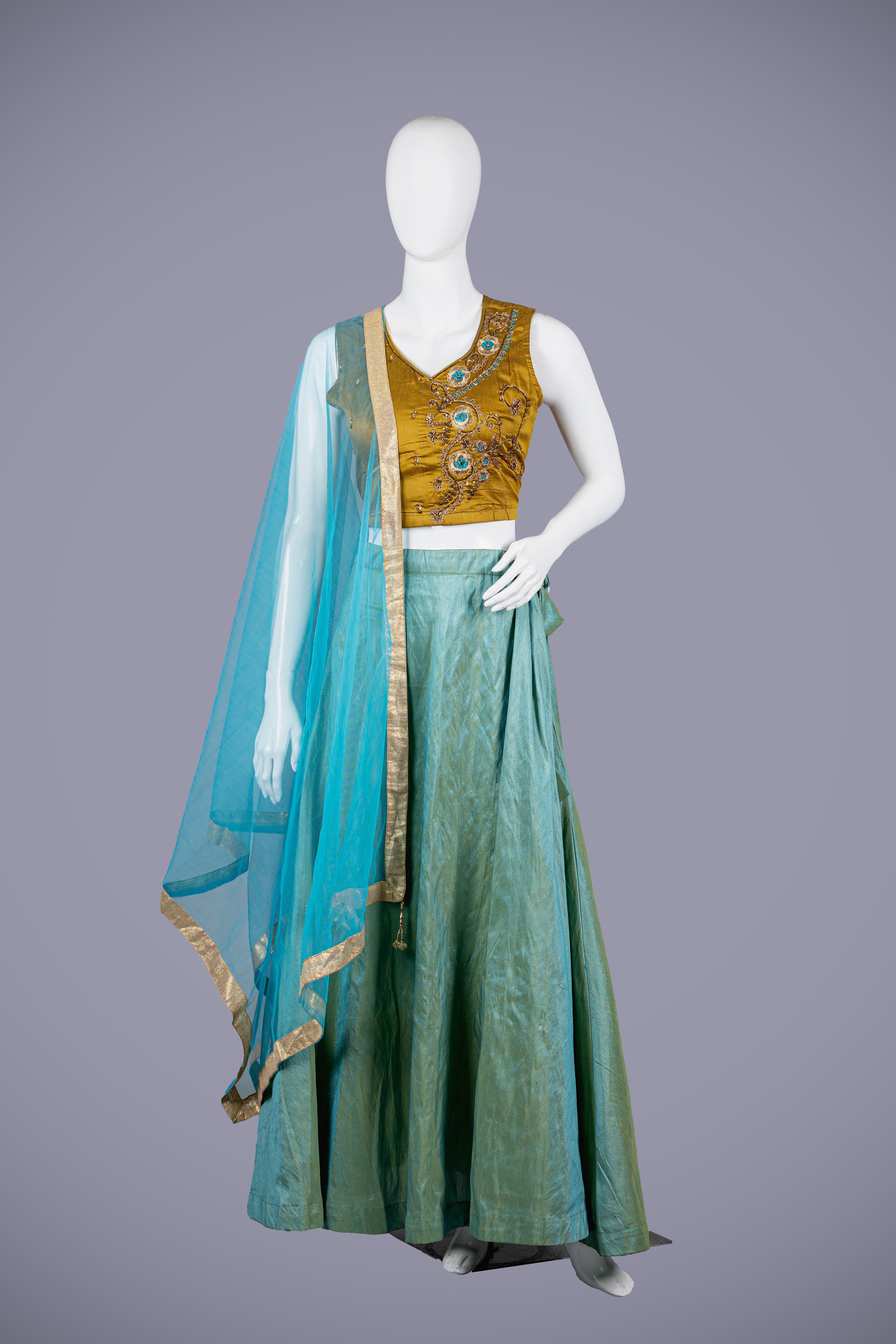 Mustard Silk Crop Top Set with Zardozi Work - Shreeman