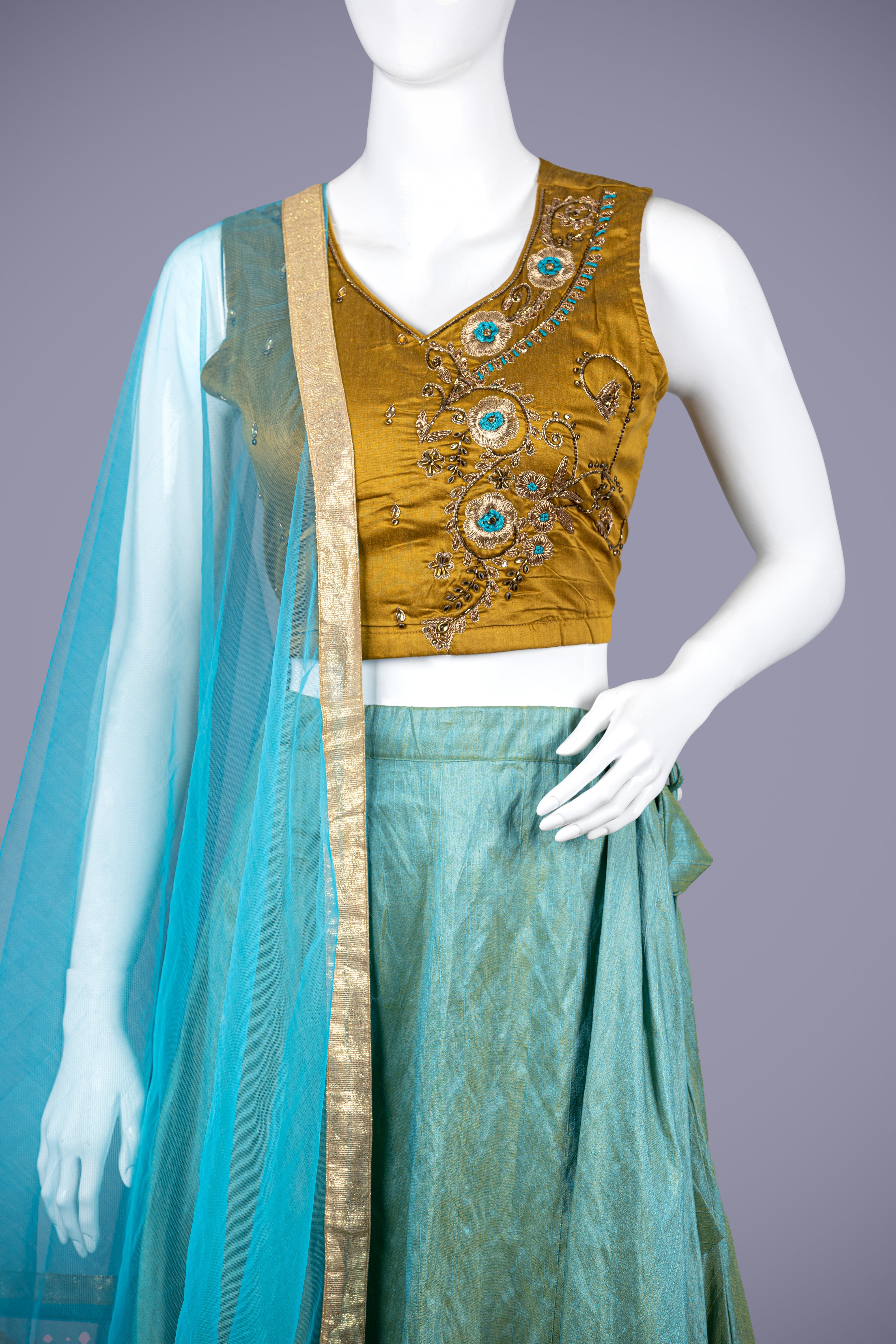 Mustard Silk Crop Top Set with Zardozi Work - Shreeman