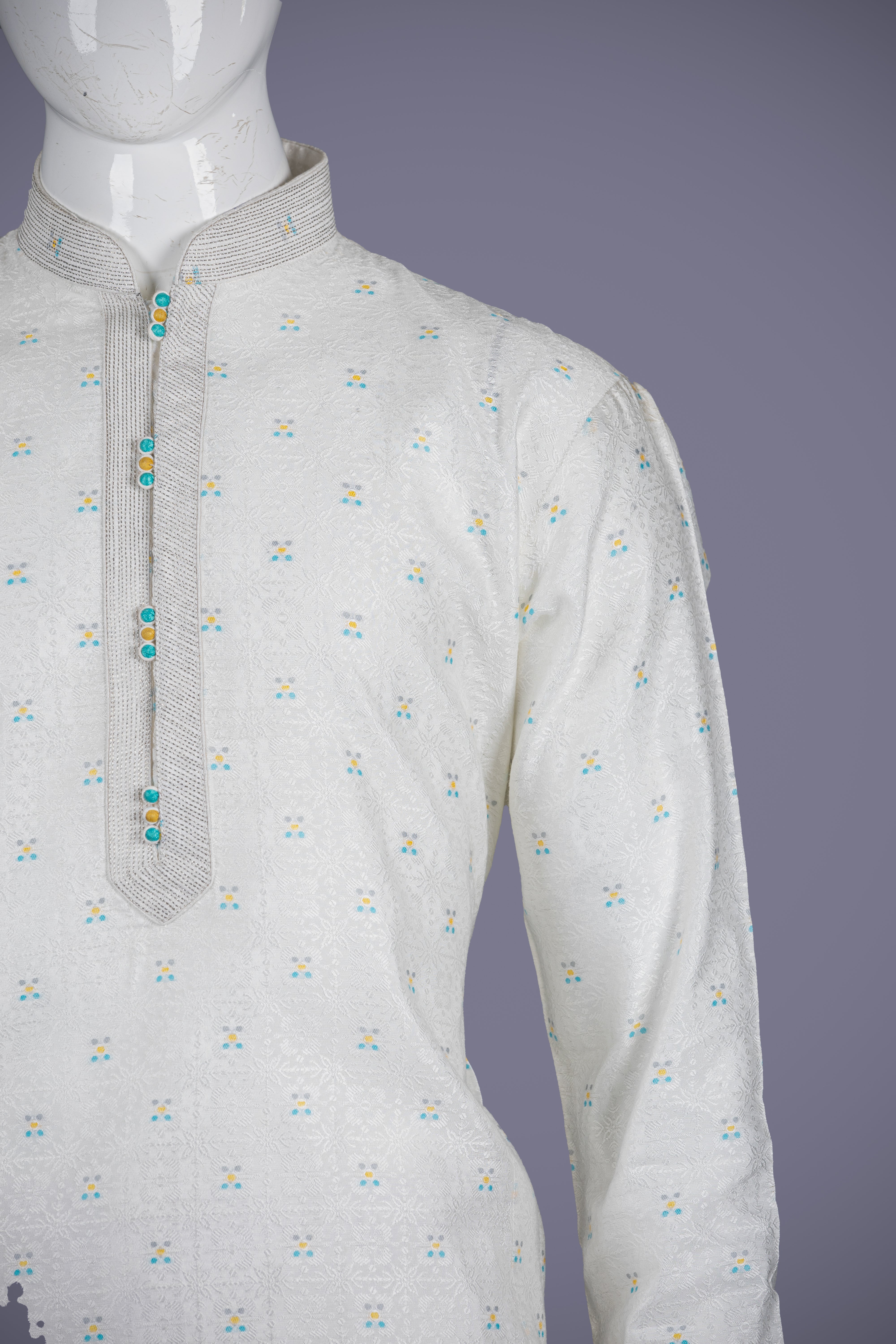 White Jacquard Silk Kurta Set with Prints - Shreeman