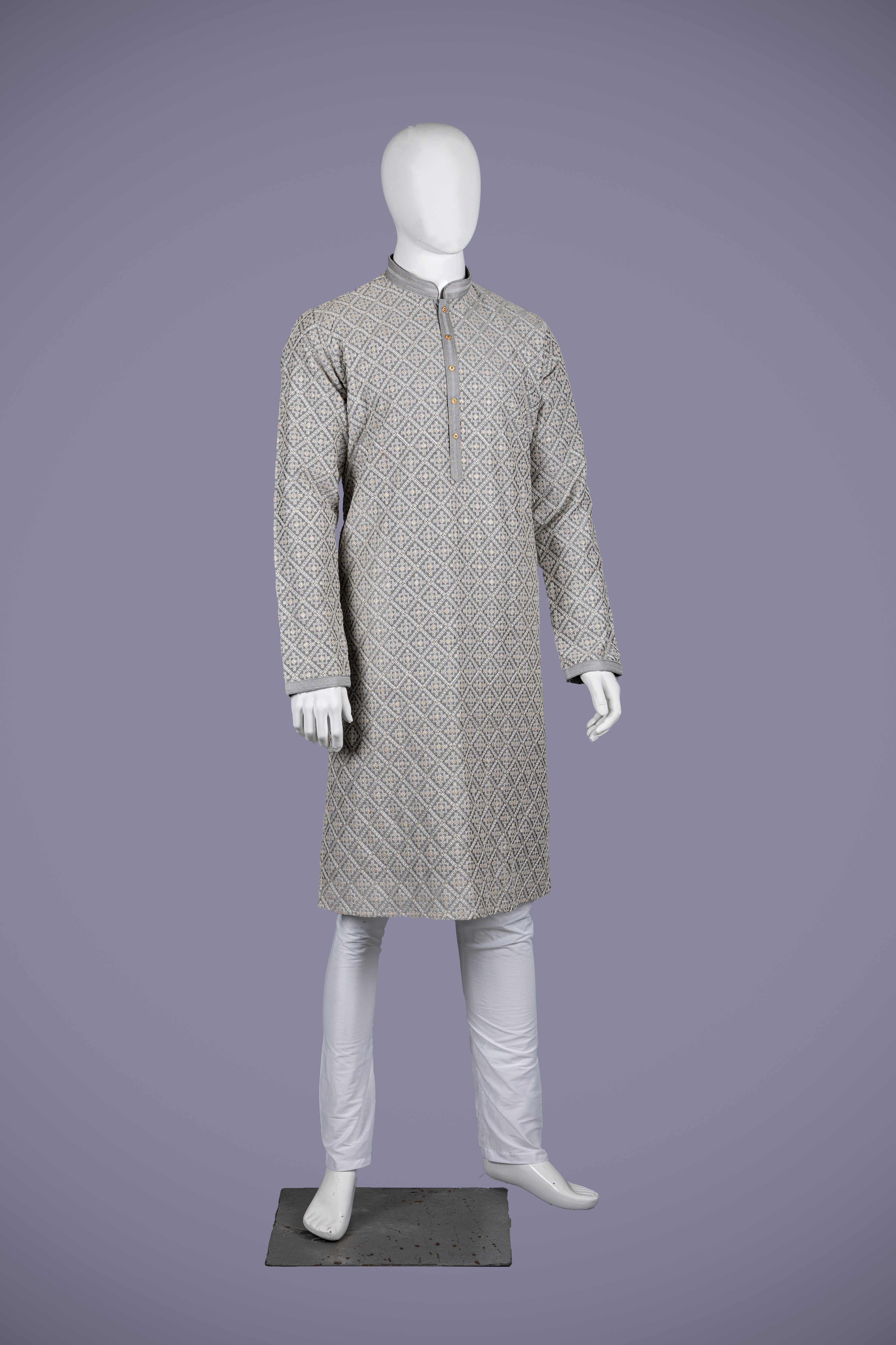 Gray Designer Silk Kurta Set with Lakhnavi Work & Pent - Shreeman