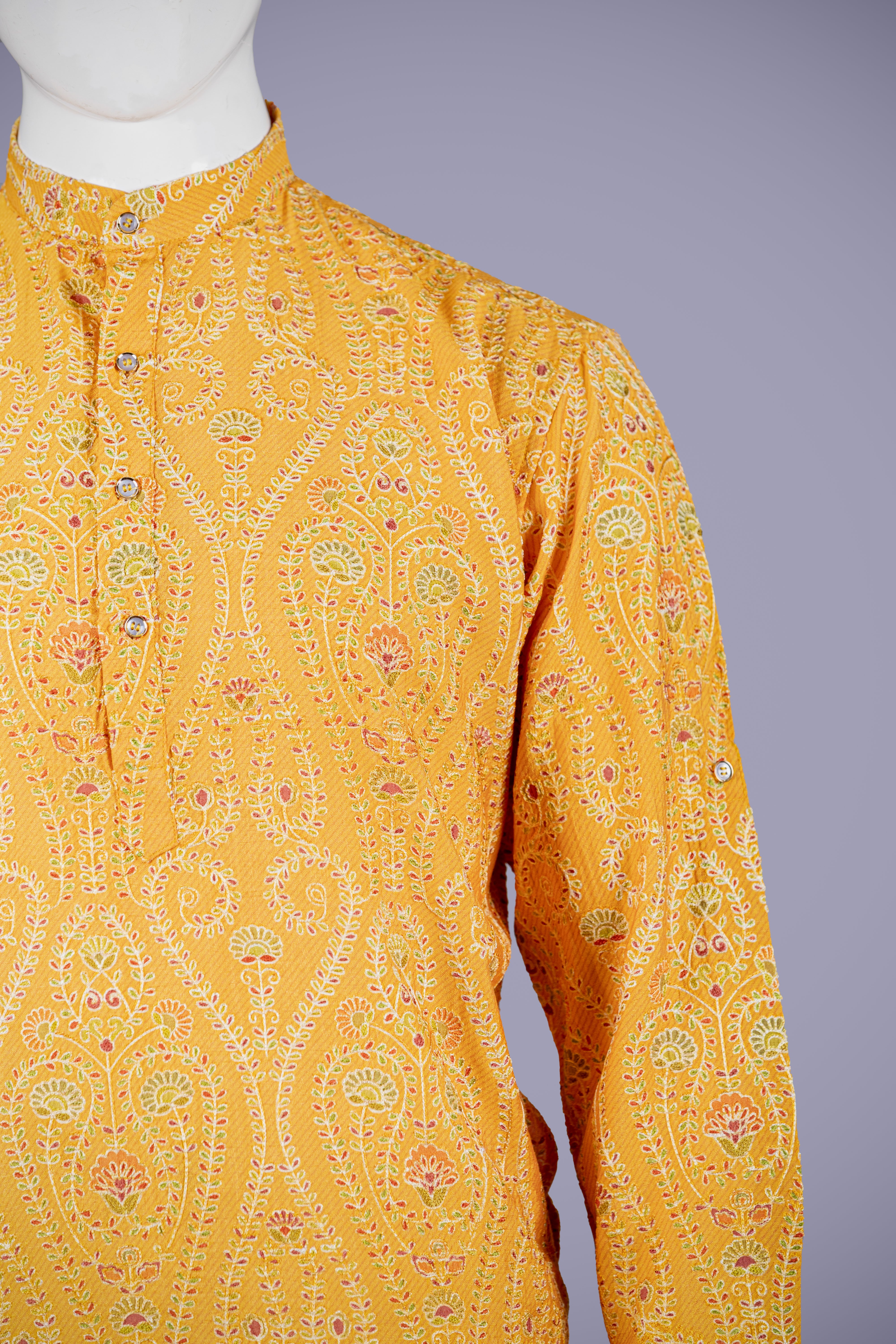 Mustard Silk Designer Kurta Set with Resham Work & Pent
