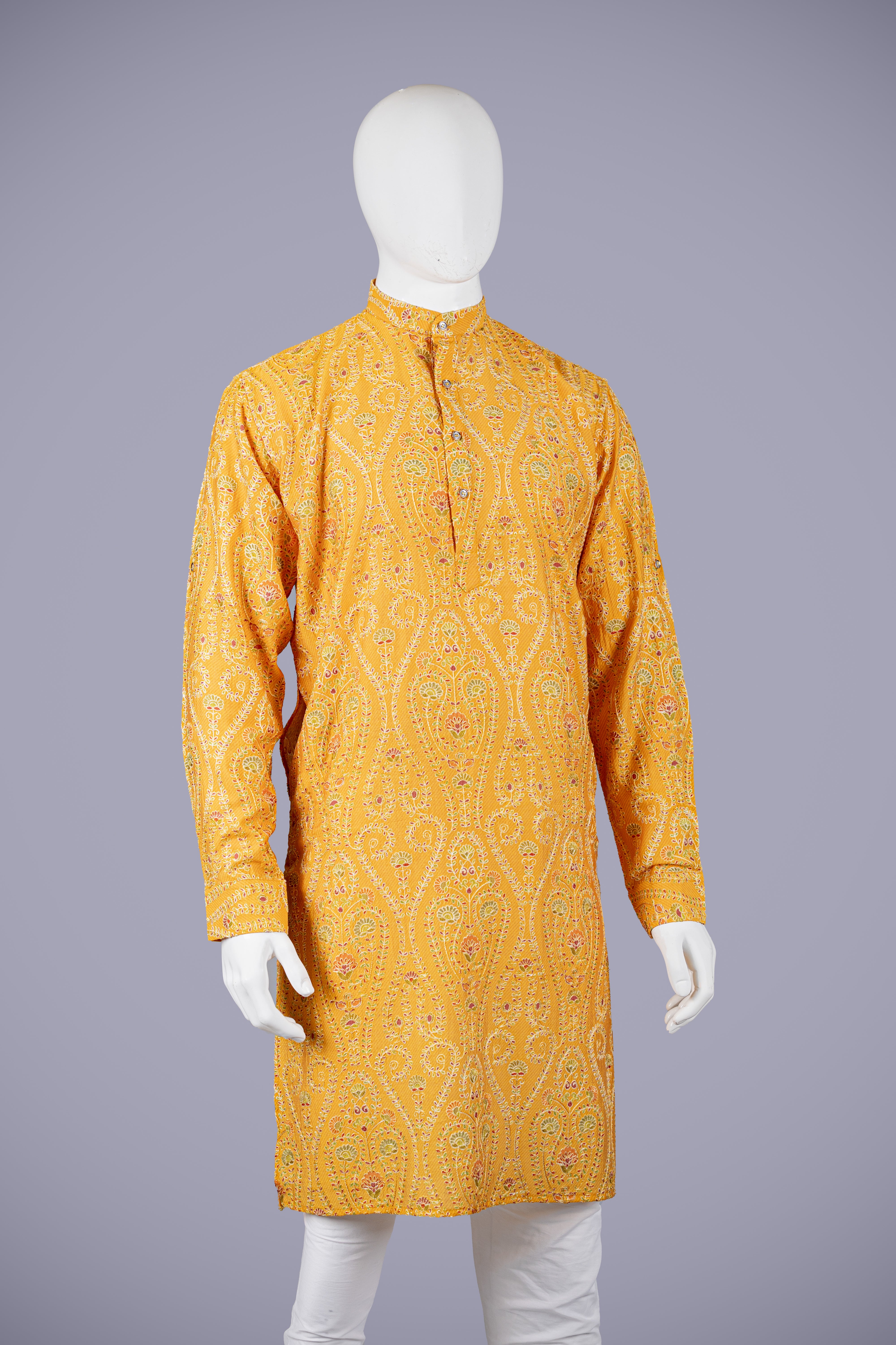 Mustard Silk Designer Kurta Set with Resham Work & Pent - Shreeman