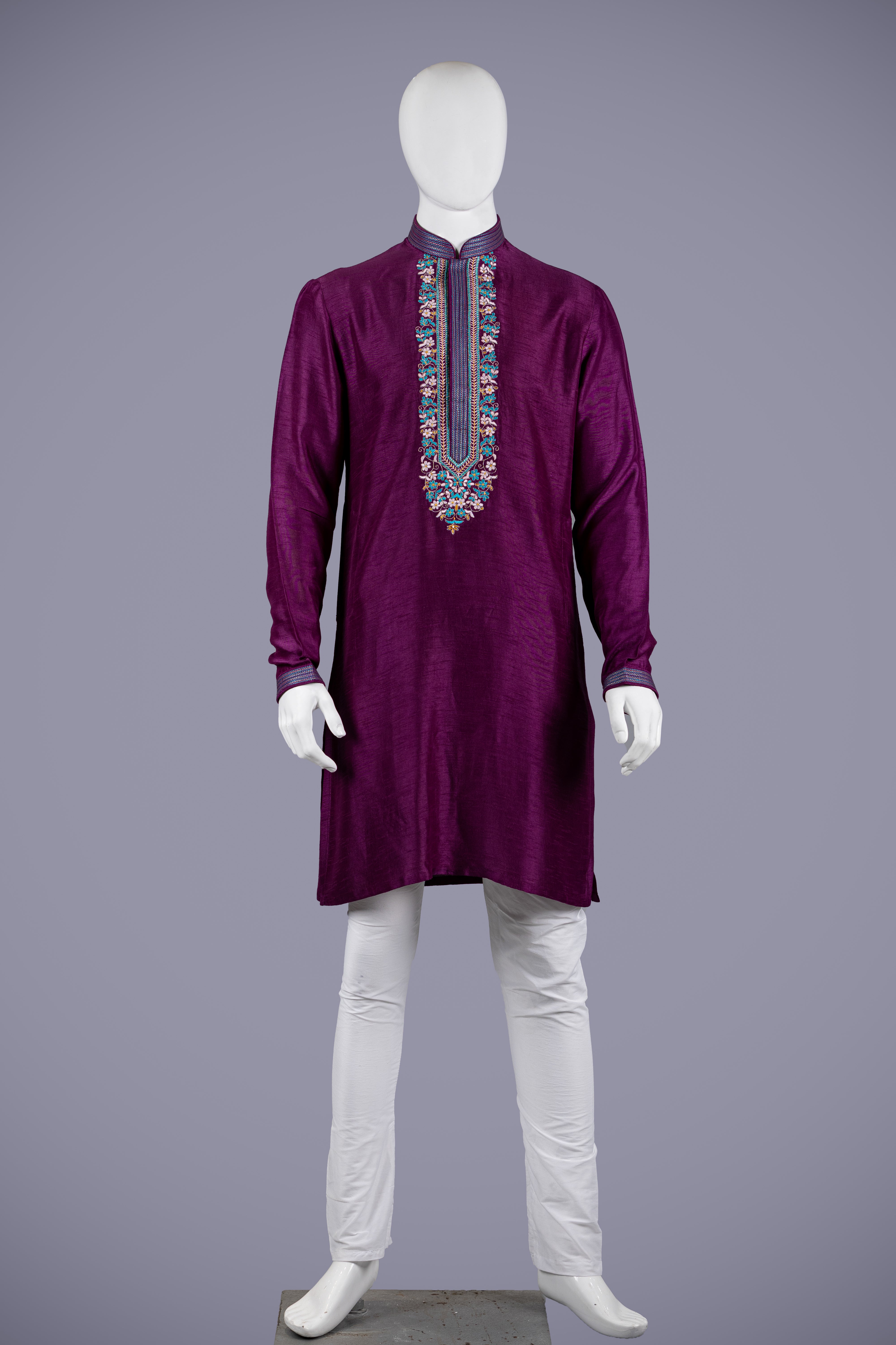 Deep Purple Dola Silk Kurta Top with Resham Work - Shreeman