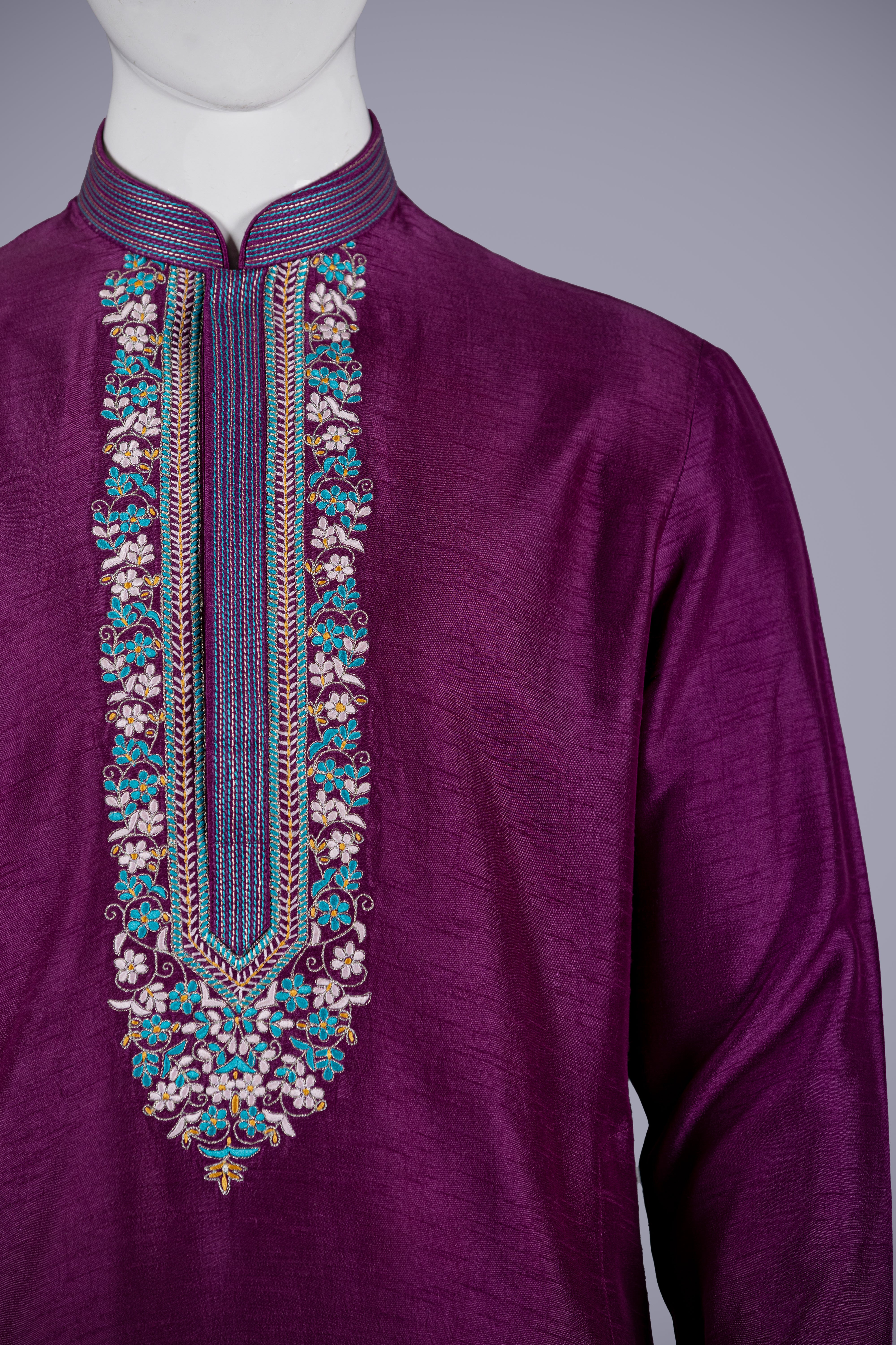 Deep Purple Dola Silk Kurta Top with Resham Work - Shreeman