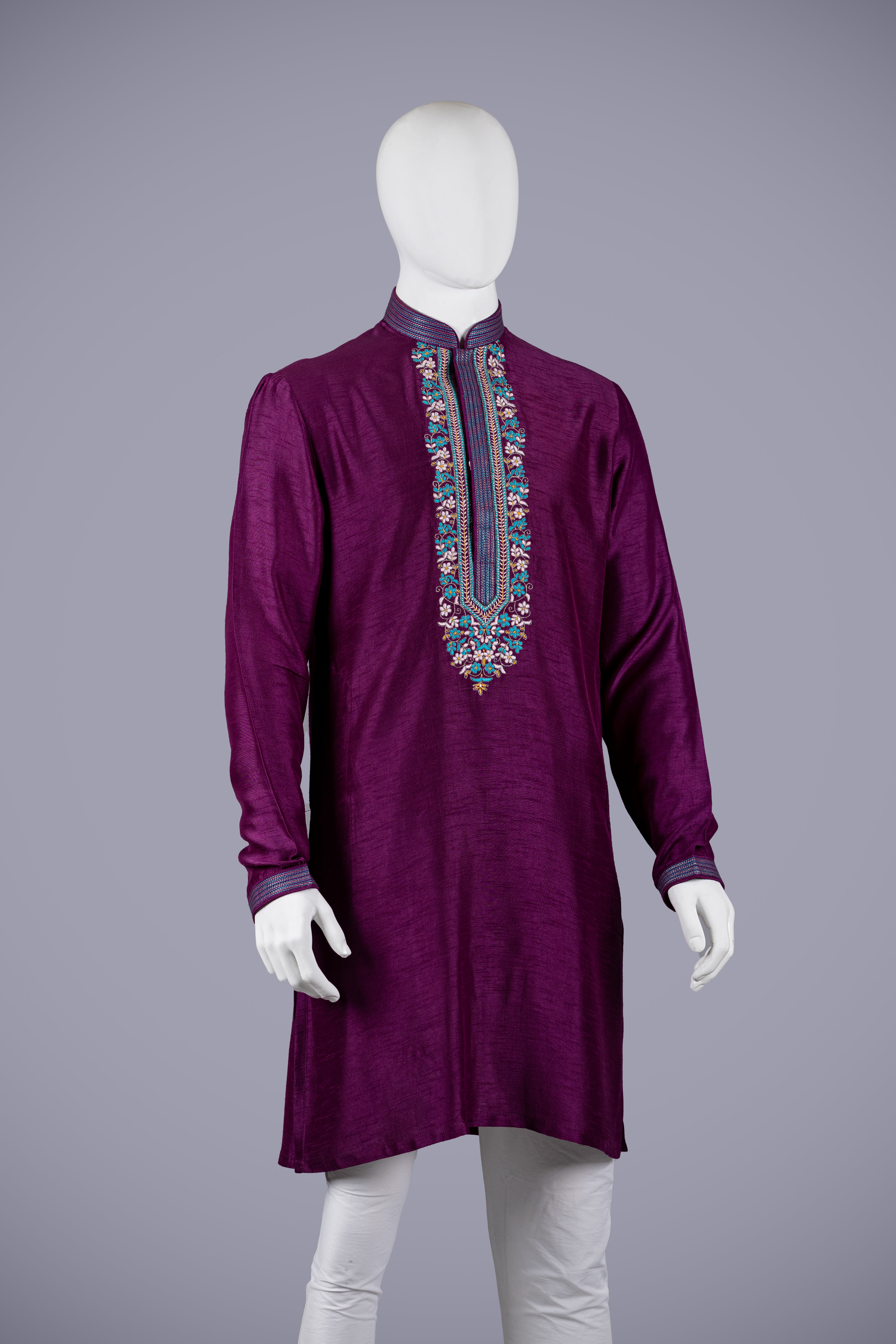 Deep Purple Dola Silk Kurta Top with Resham Work - Shreeman