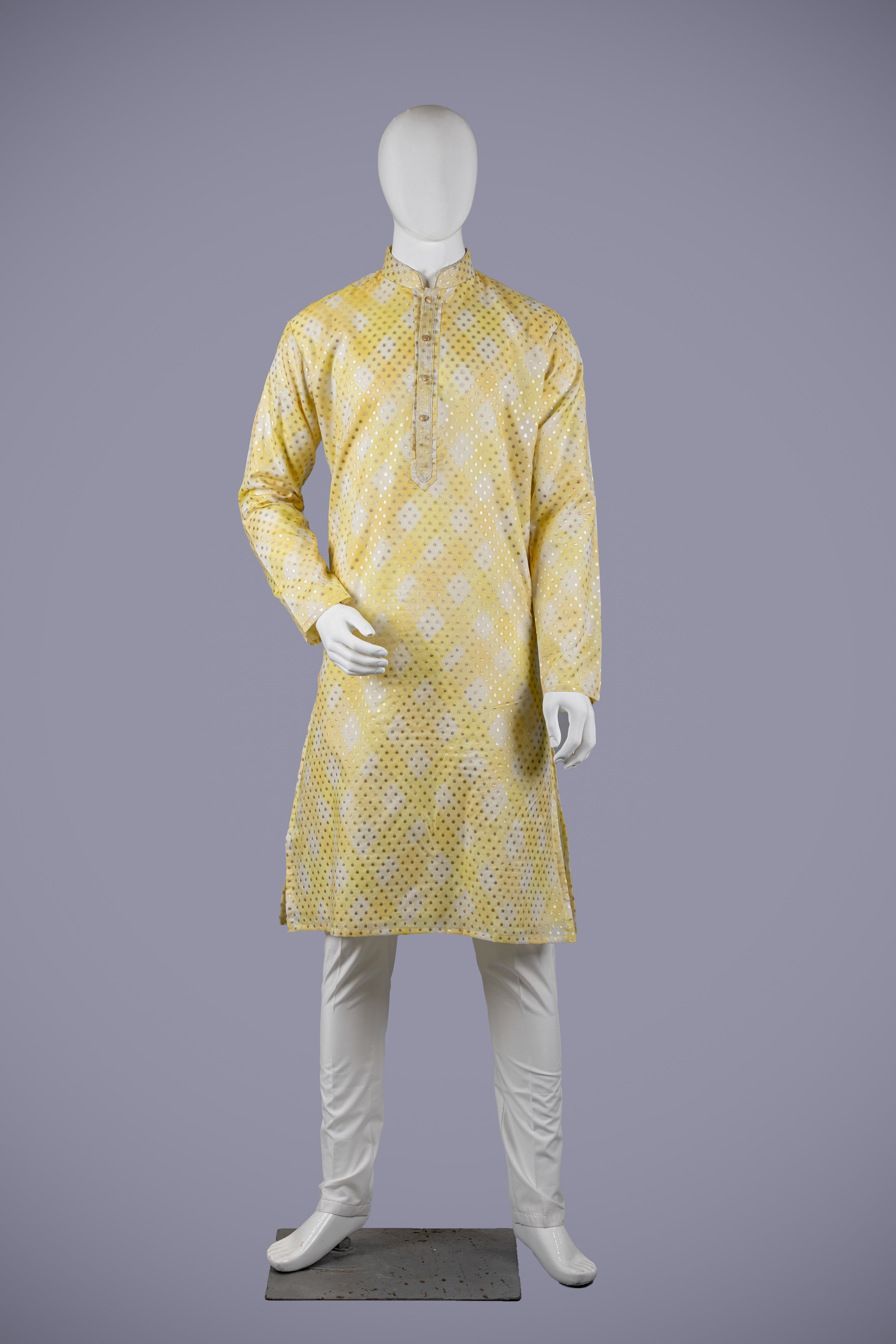 Yellow Dola Silk Kurta Set with Machim Embroidery & Churidar - Shreeman