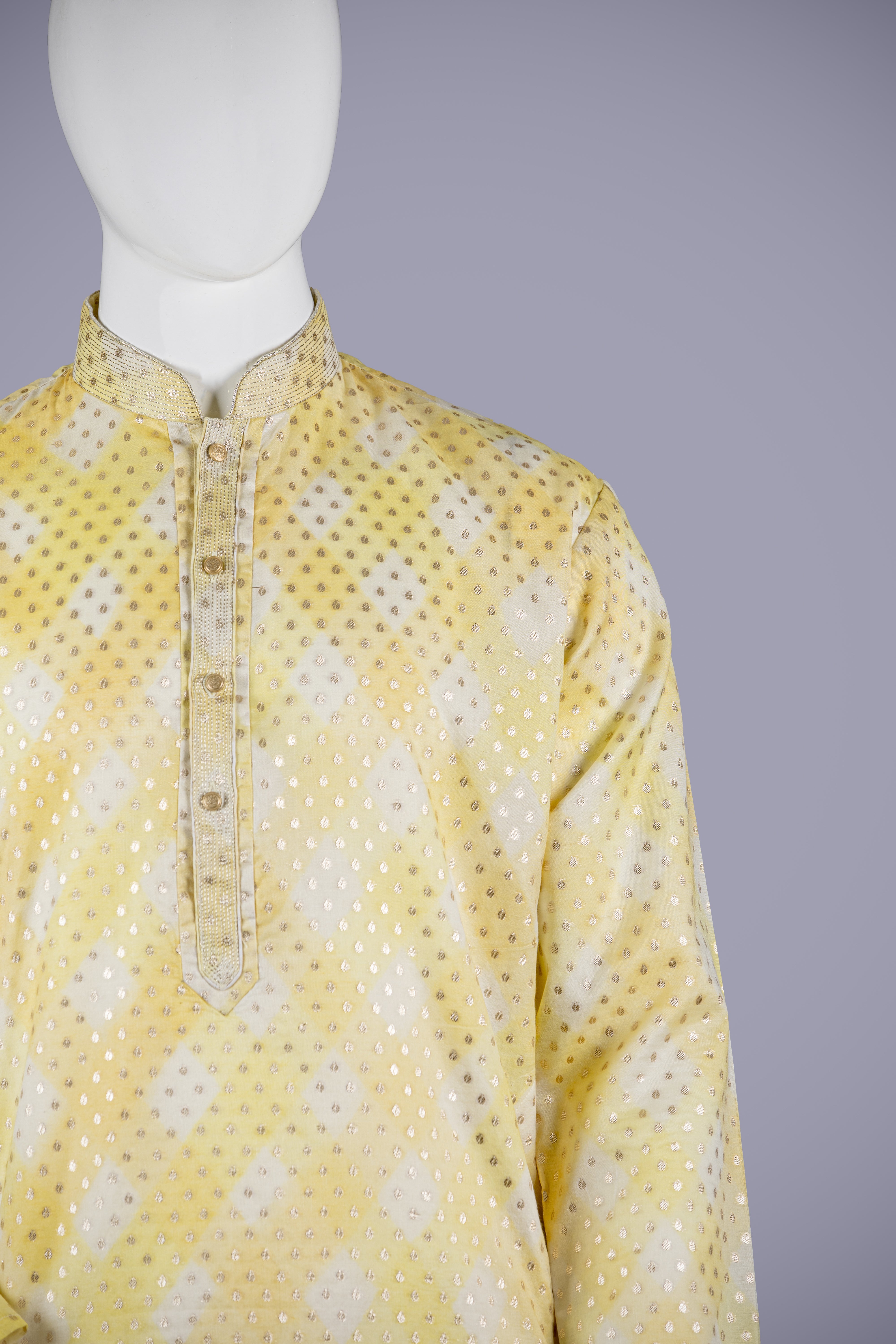 Yellow Dola Silk Kurta Set with Machim Embroidery & Churidar - Shreeman