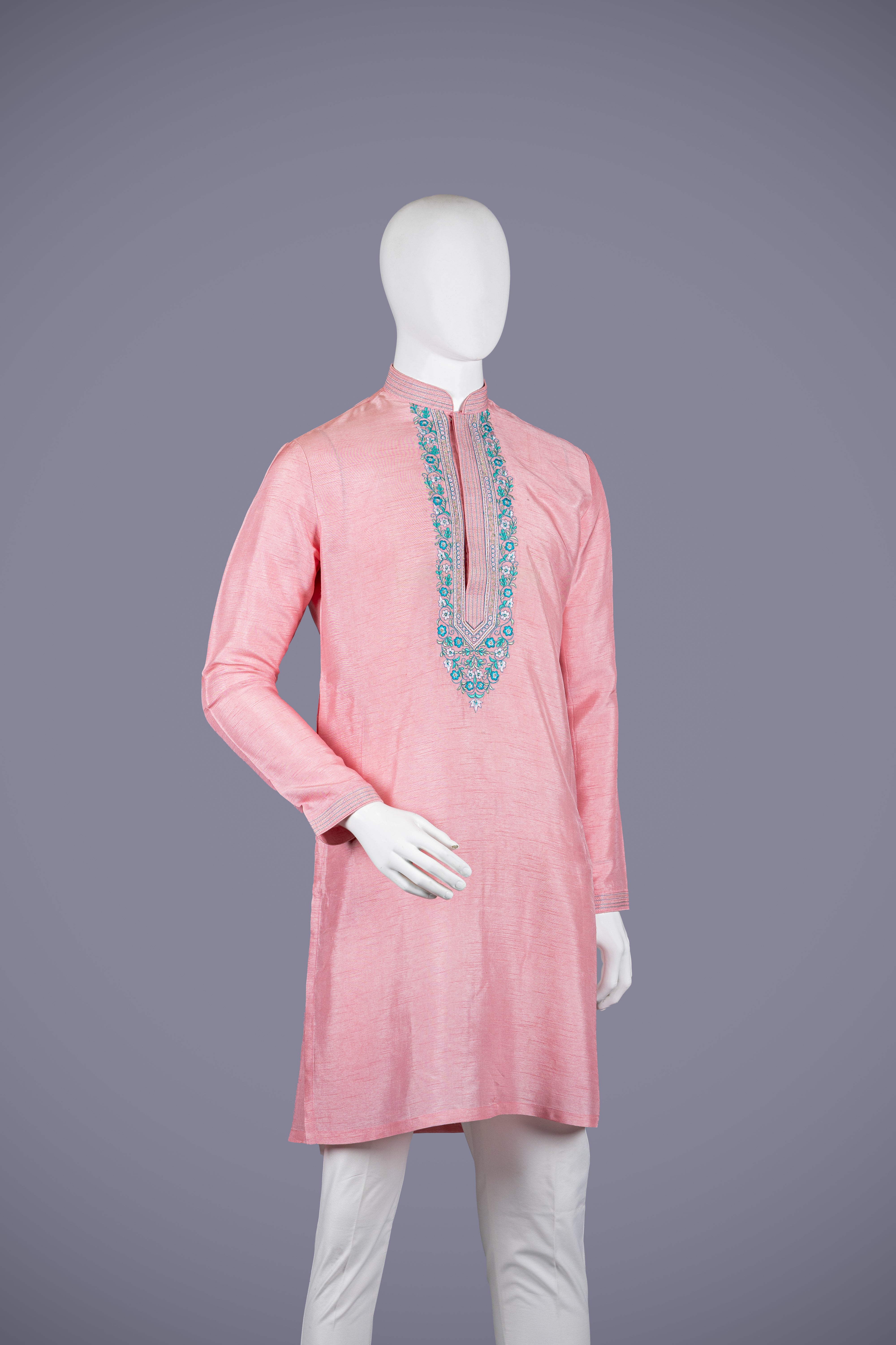 Light Pink Dola Silk Kurta Set with Aari Resham Work & Churidar - Shreeman