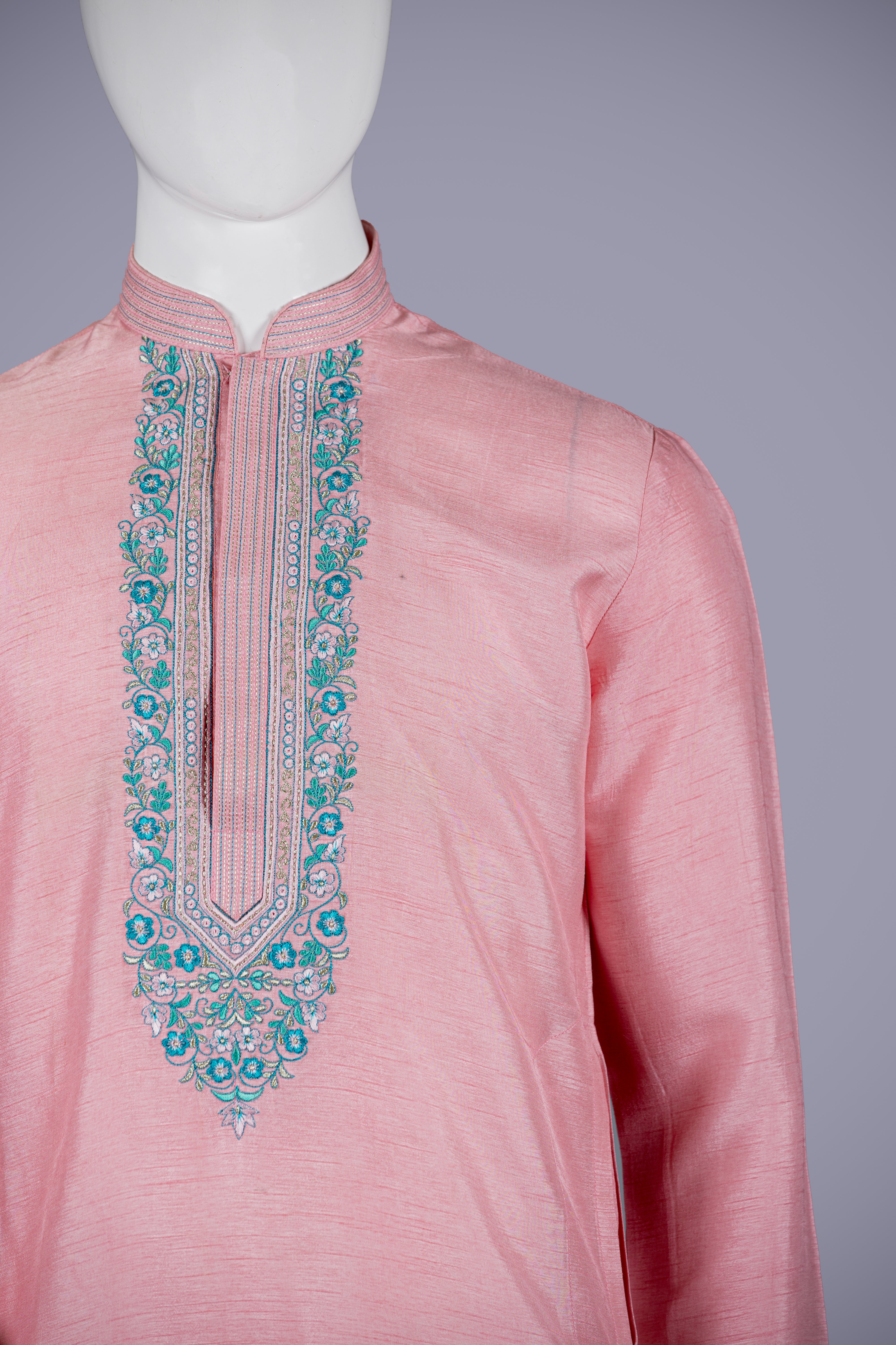 Light Pink Dola Silk Kurta Set with Aari Resham Work & Churidar