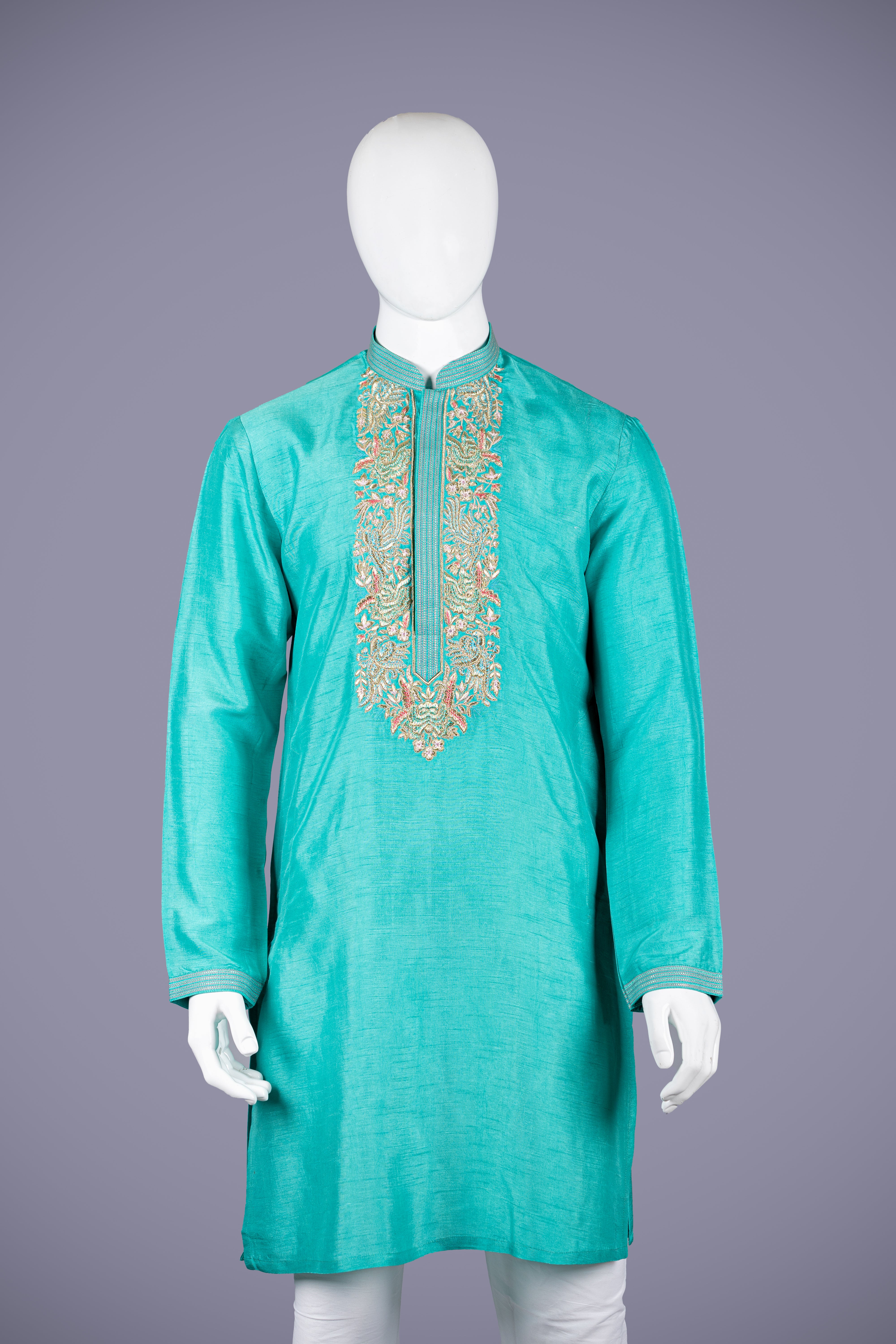 Turquoise Dola Silk Kurta Top with Aari & Resham Work - Shreeman