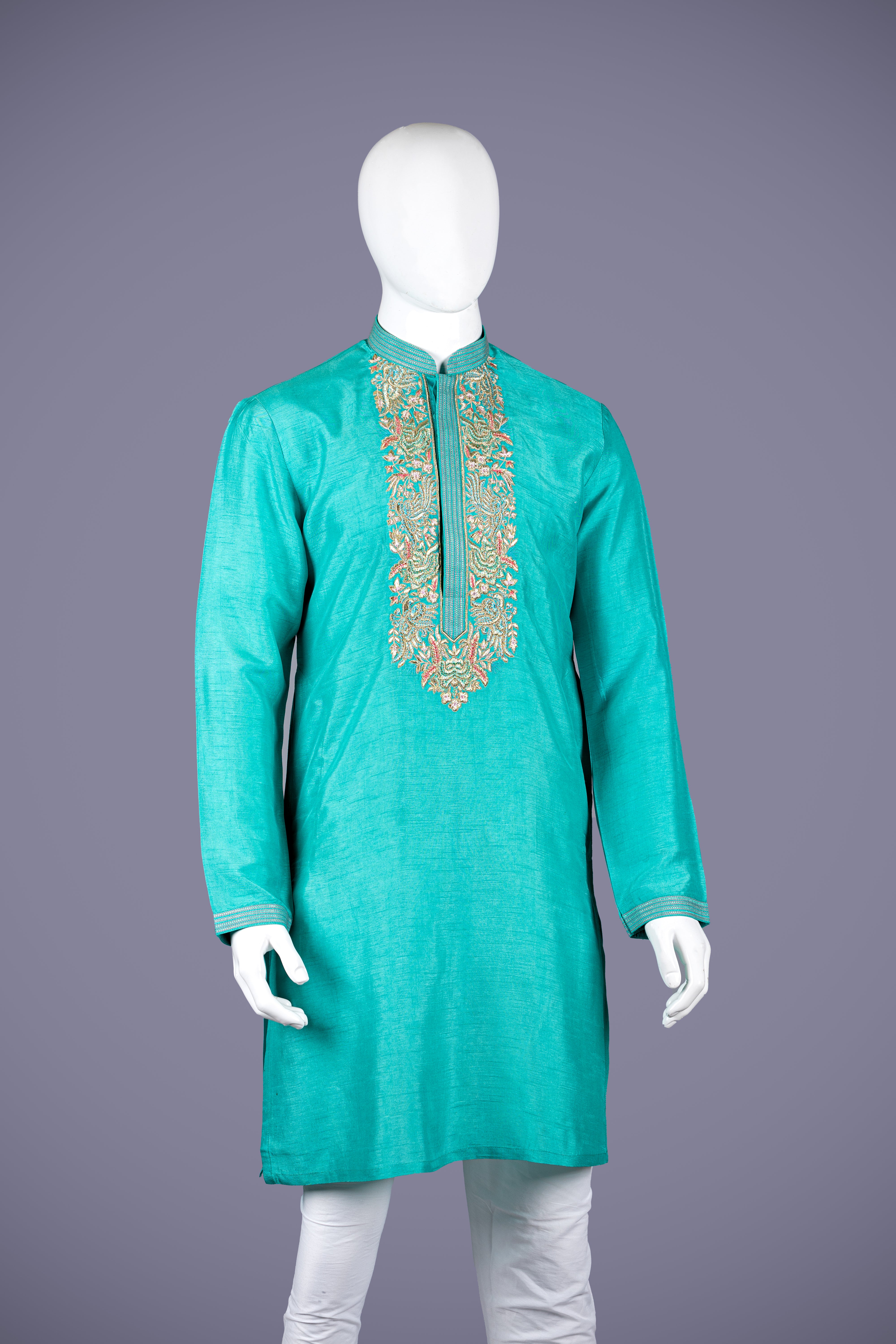 Turquoise Dola Silk Kurta Top with Aari & Resham Work - Shreeman