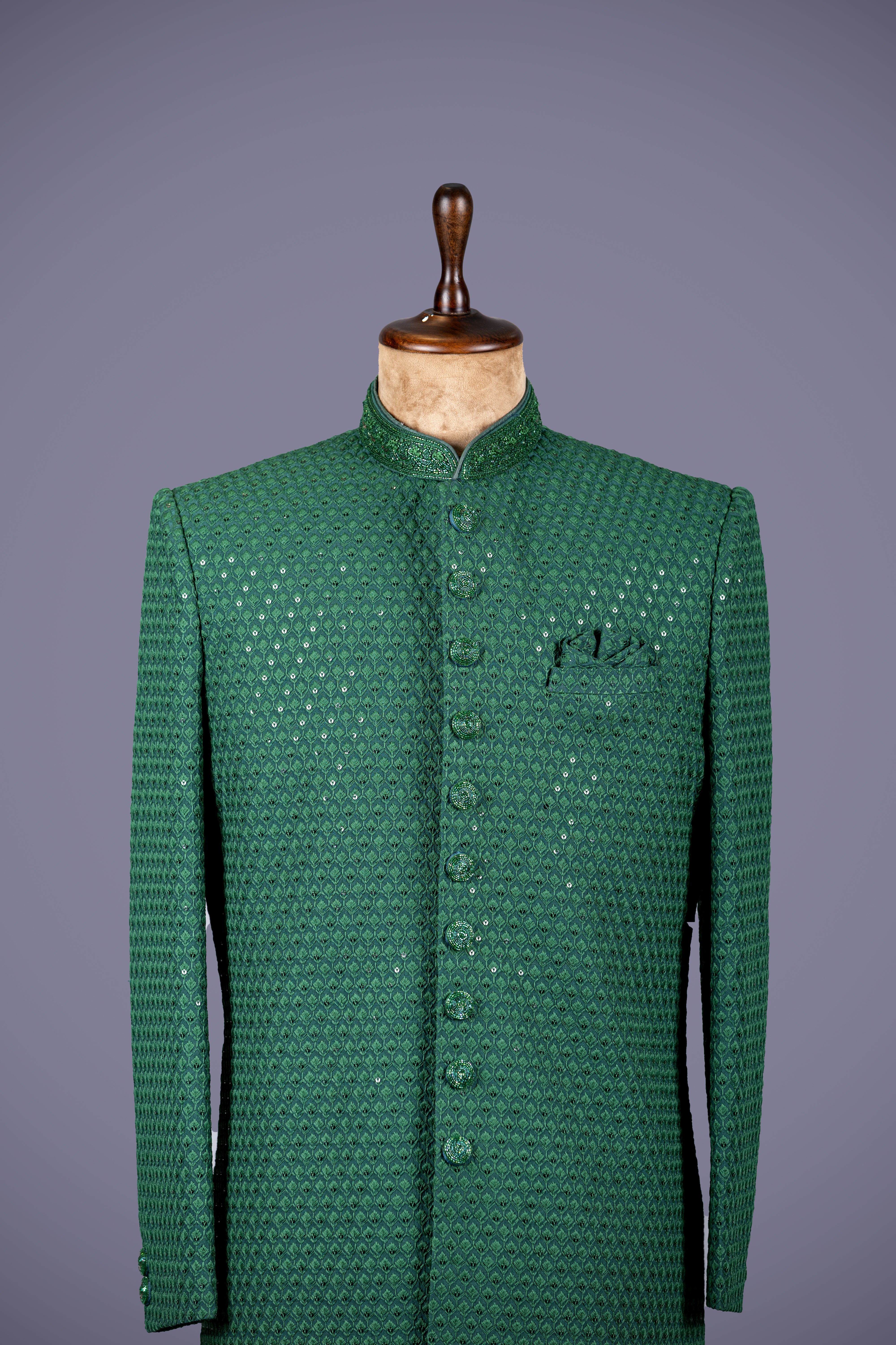 Green Georgette Silk Indo Western Sherwani with Lakhnavi Work - Shreeman