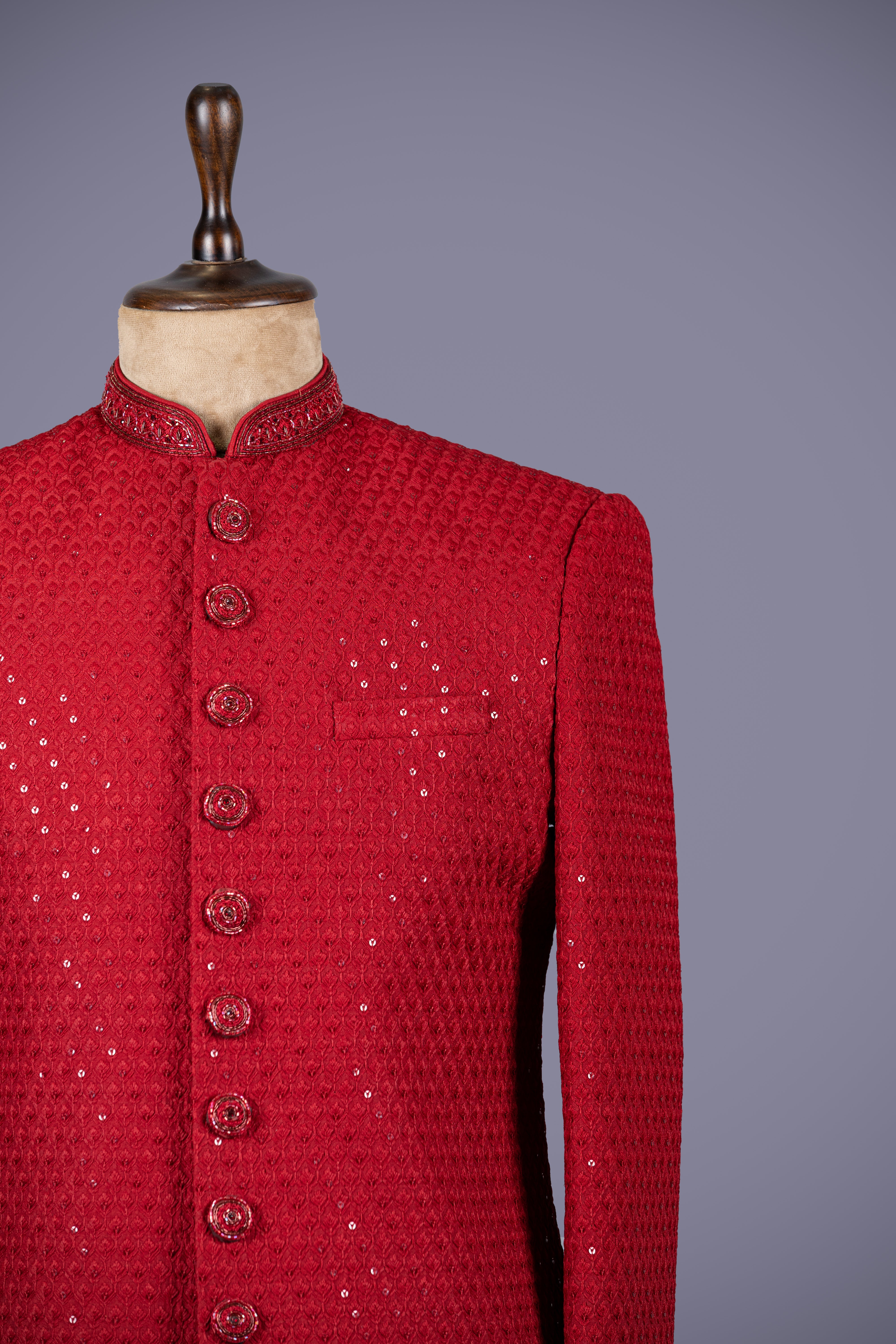 Maroon Georgette Silk Indo Western Sherwani with Lakhnavi Work - Shreeman