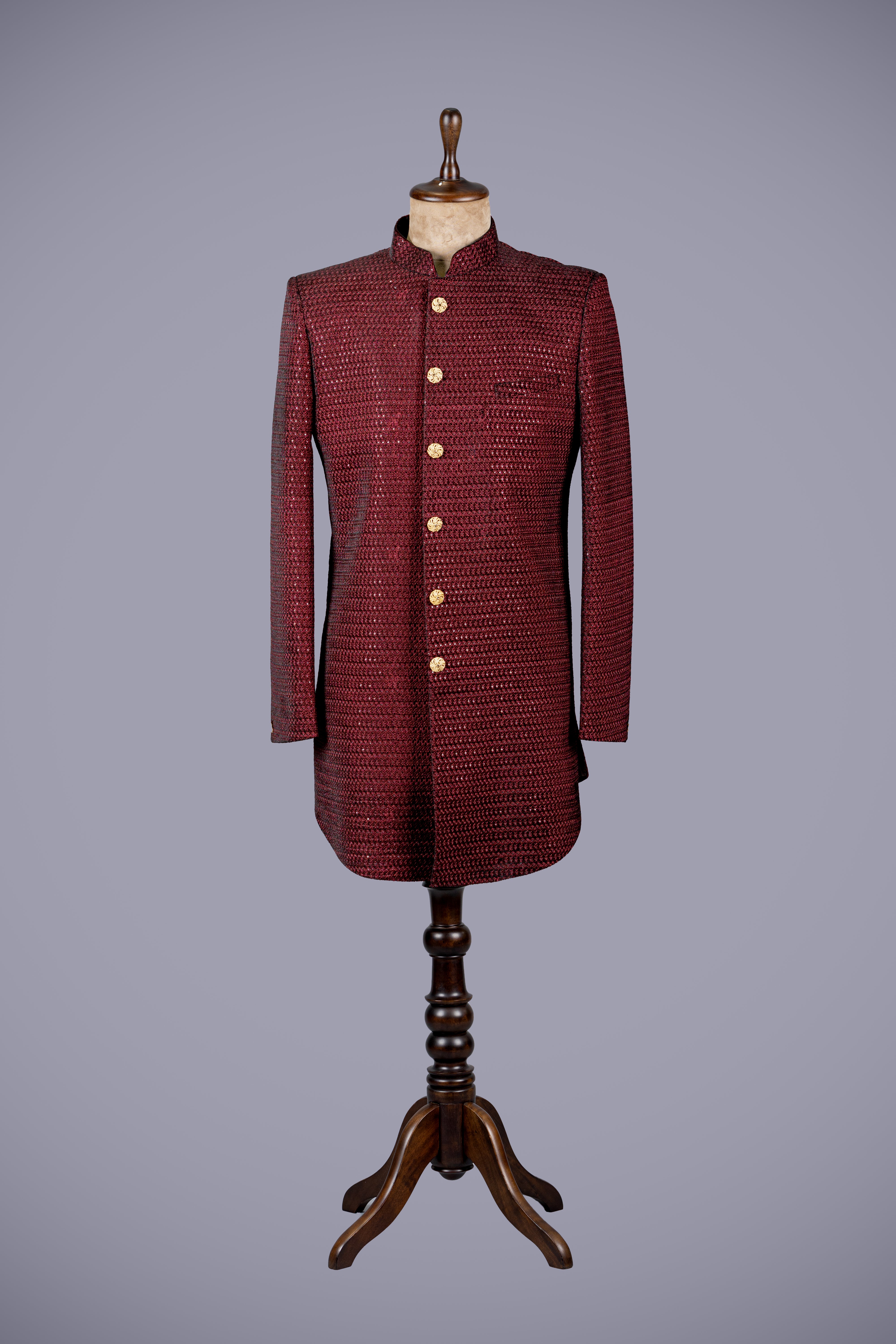 Maroon Velvet Indo Western Sherwani with Sequence Work L 40 Maroon