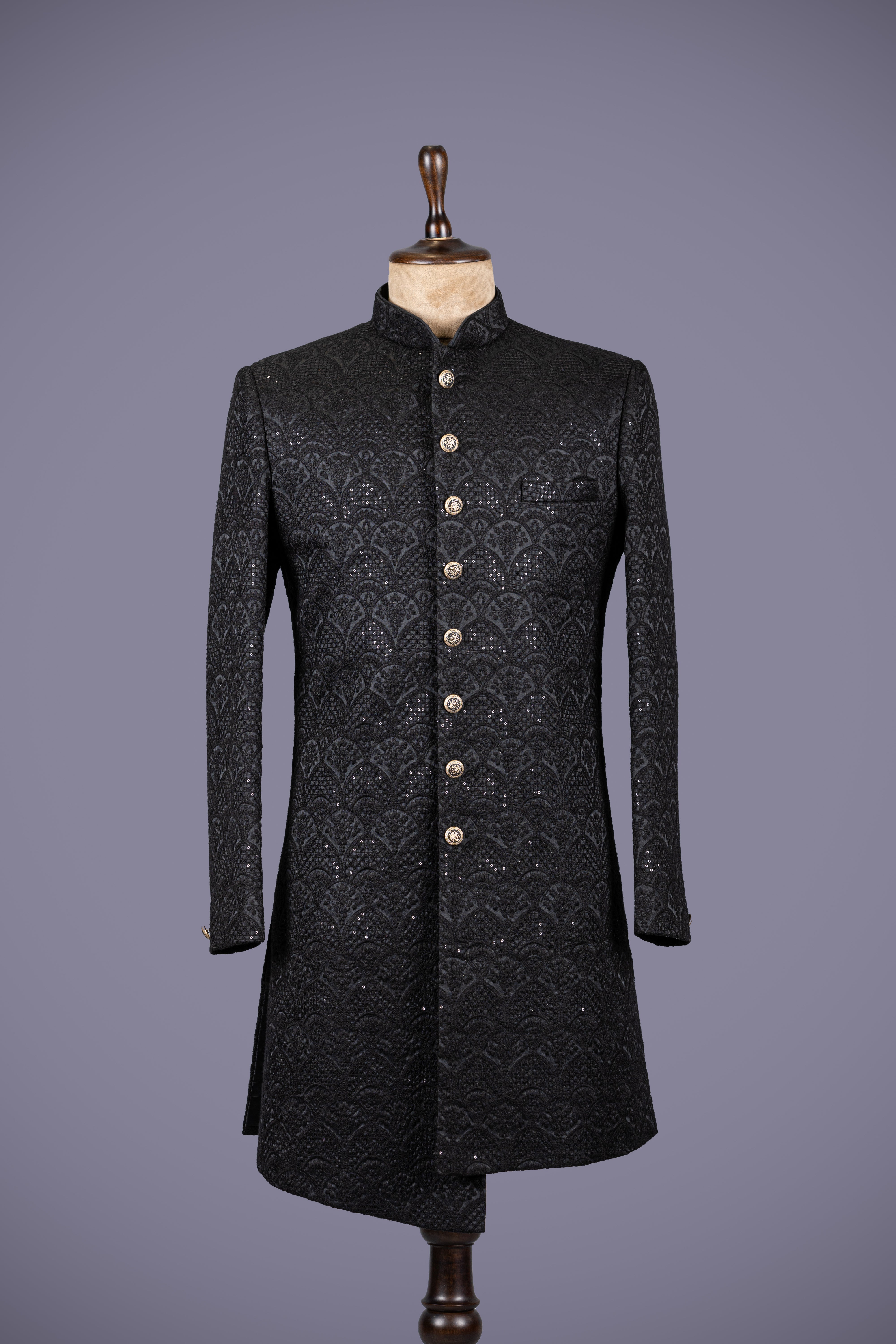 Black Lakhnavi Indo Western Sherwani with Zari Work - Shreeman