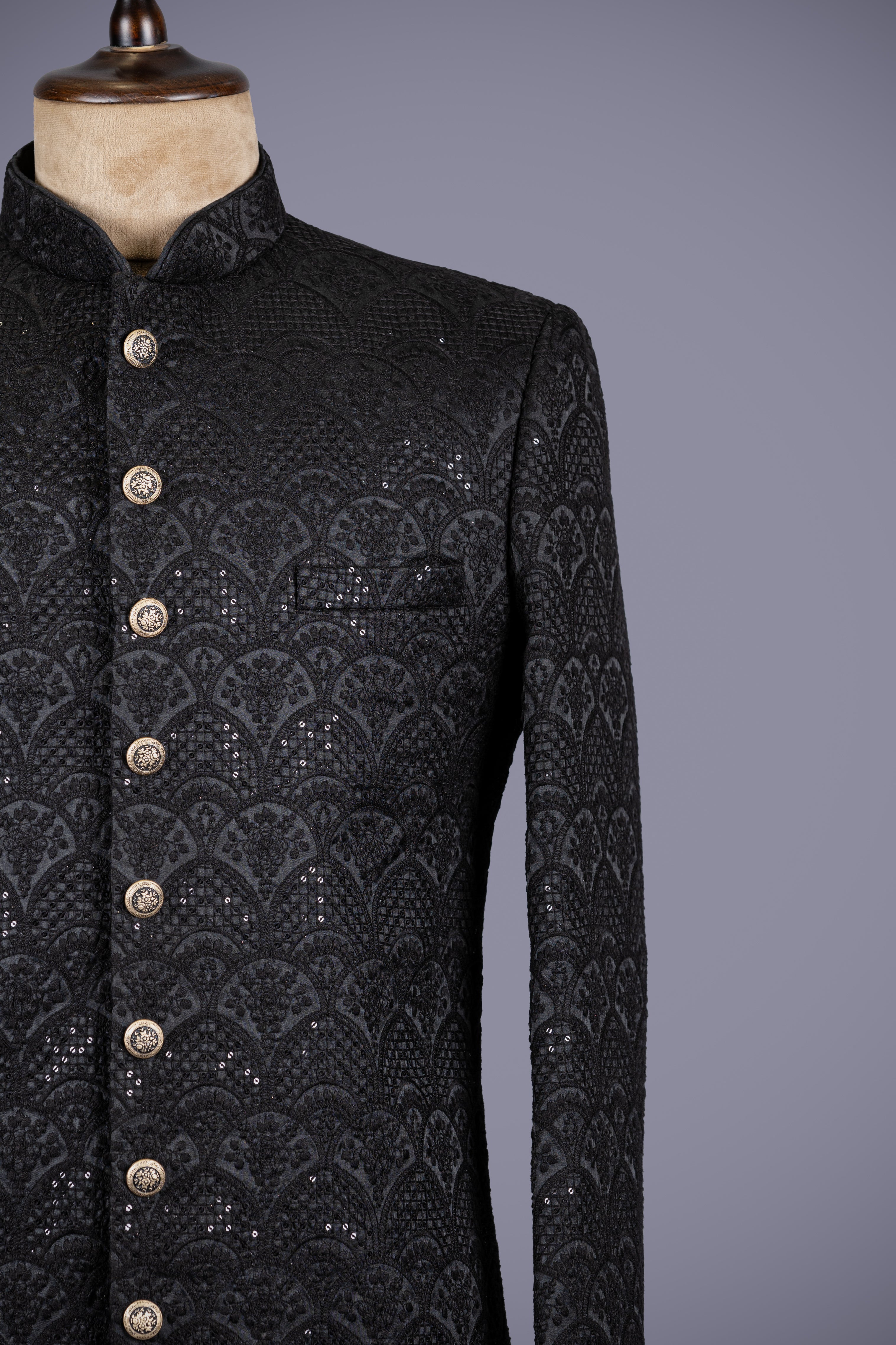 Black Lakhnavi Indo Western Sherwani with Zari Work - Shreeman