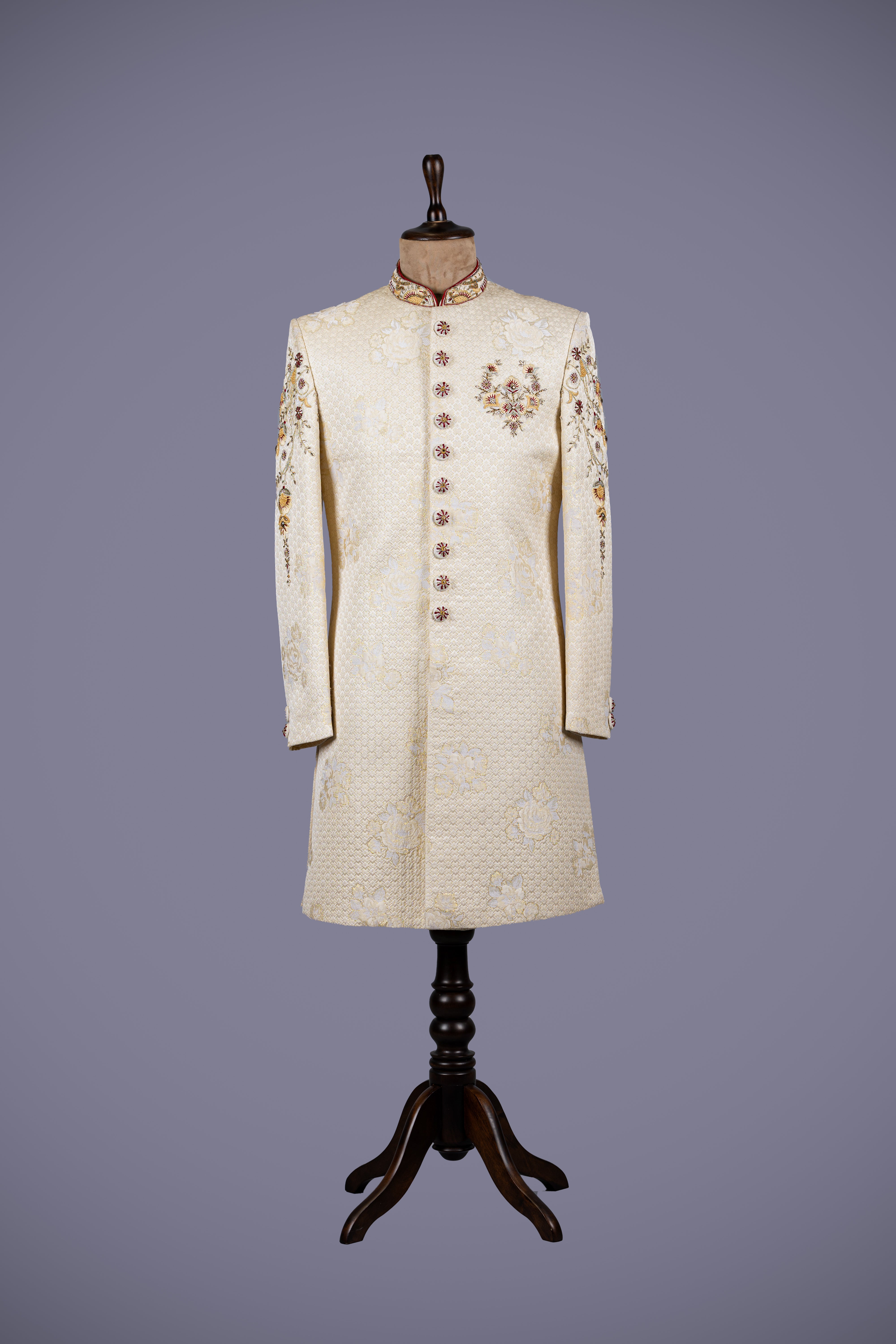 Cream Brocade Sherwani with Zardosi Aari Work - Shreeman