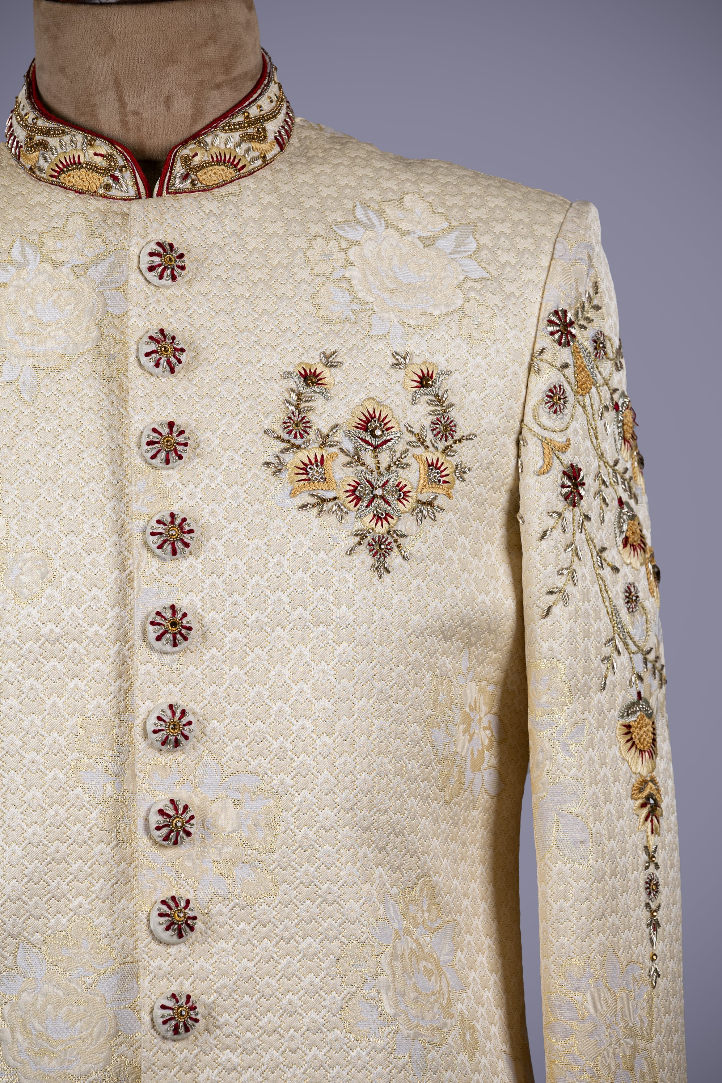 Cream Brocade Sherwani with Zardosi Aari Work - Shreeman