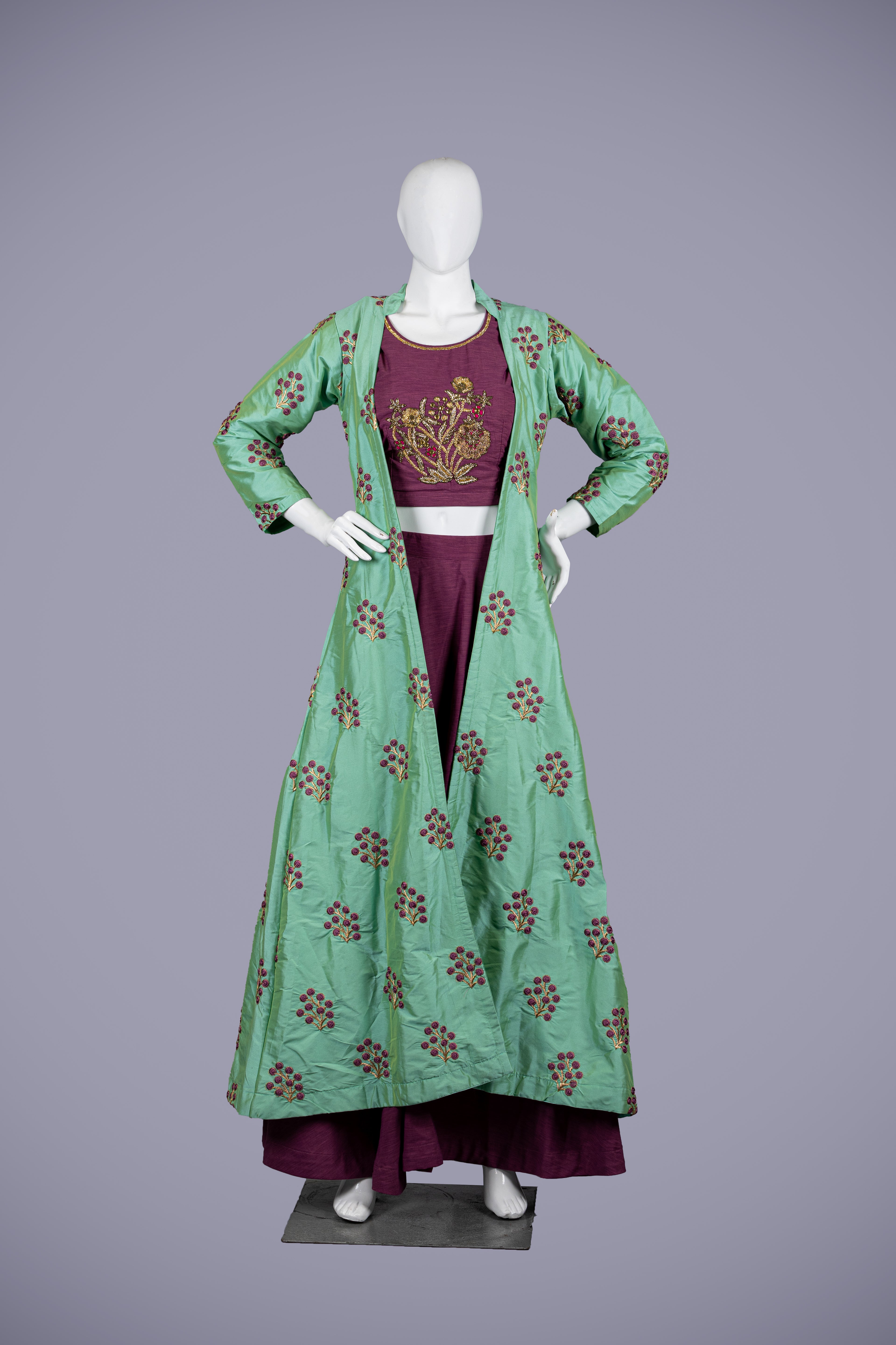 Green & Purple Silk Indo Western Dress with Resham Embroidery - Shreeman