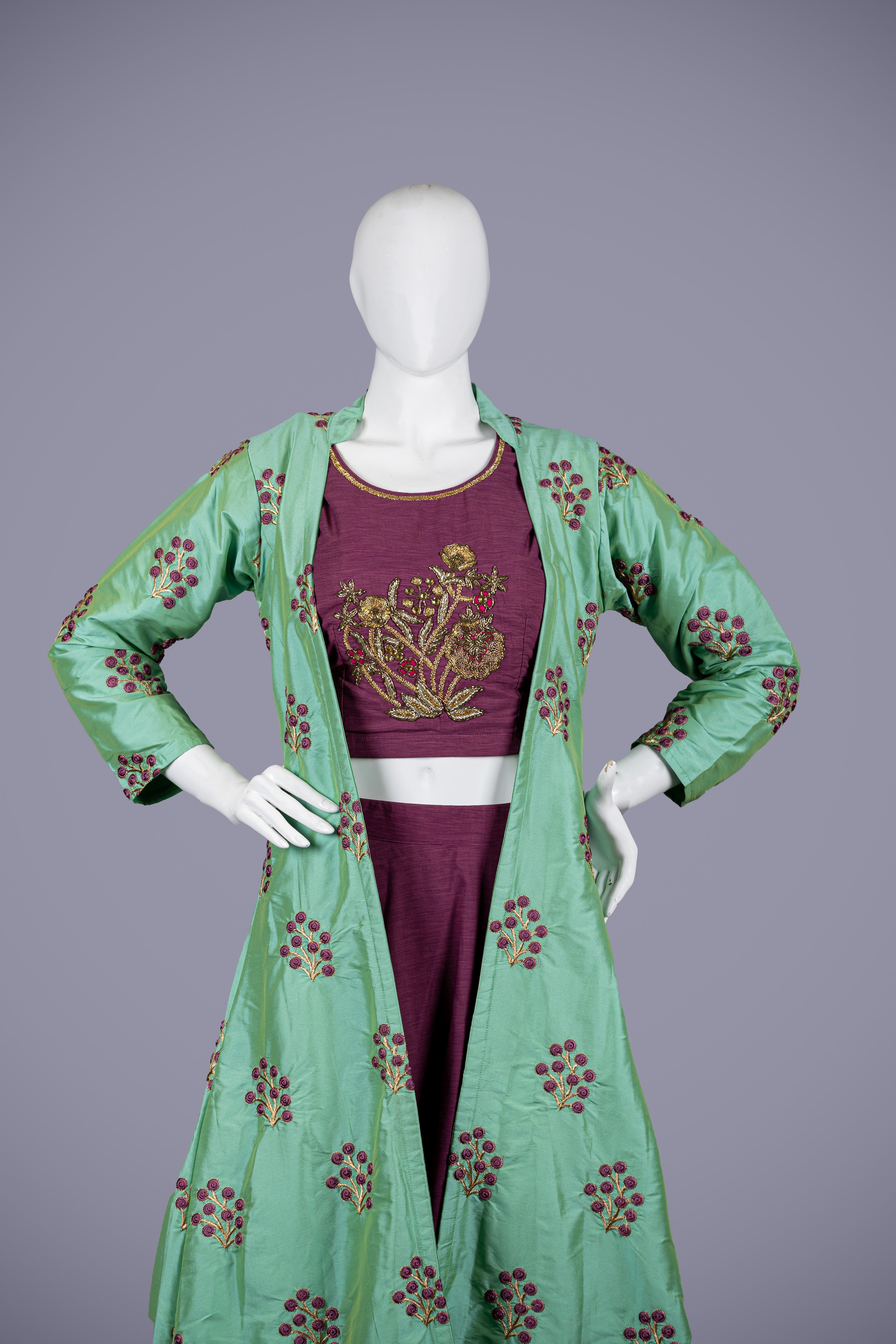 Green & Purple Silk Indo Western Dress with Resham Embroidery - Shreeman