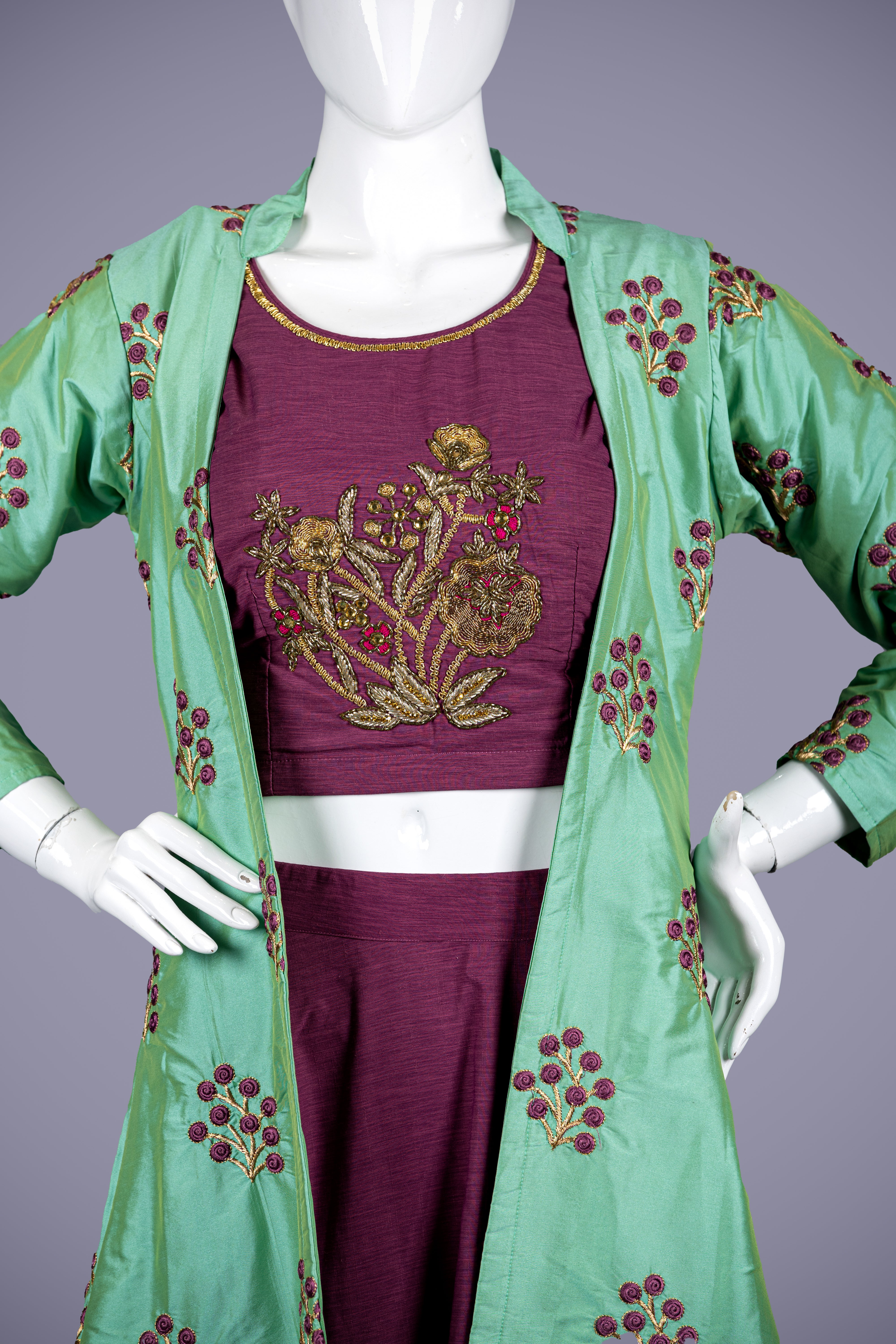 Green & Purple Silk Indo Western Dress with Resham Embroidery - Shreeman