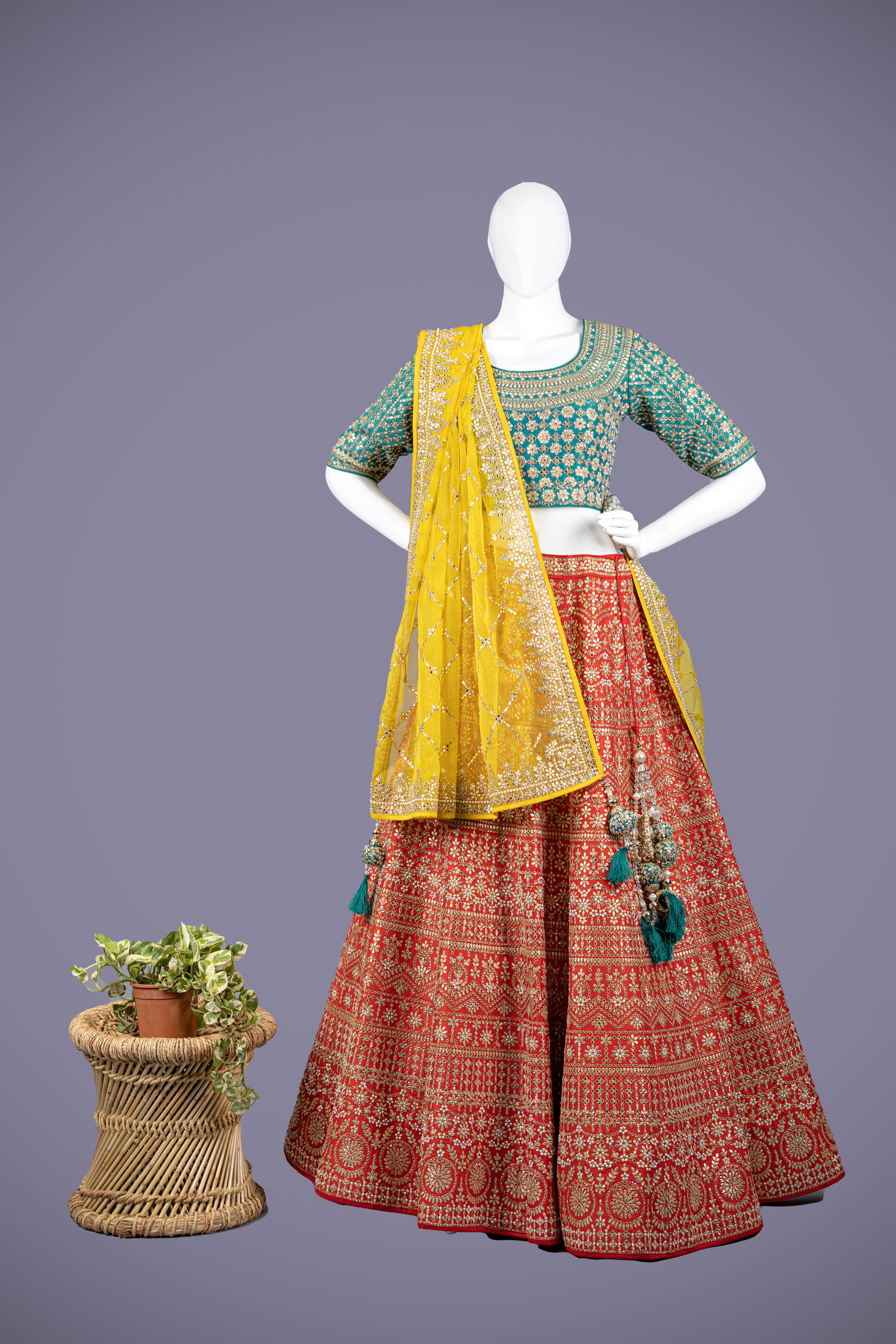 Red Silk Lehenga with Mukaish, Gota Patti & Pearl Work - Shreeman