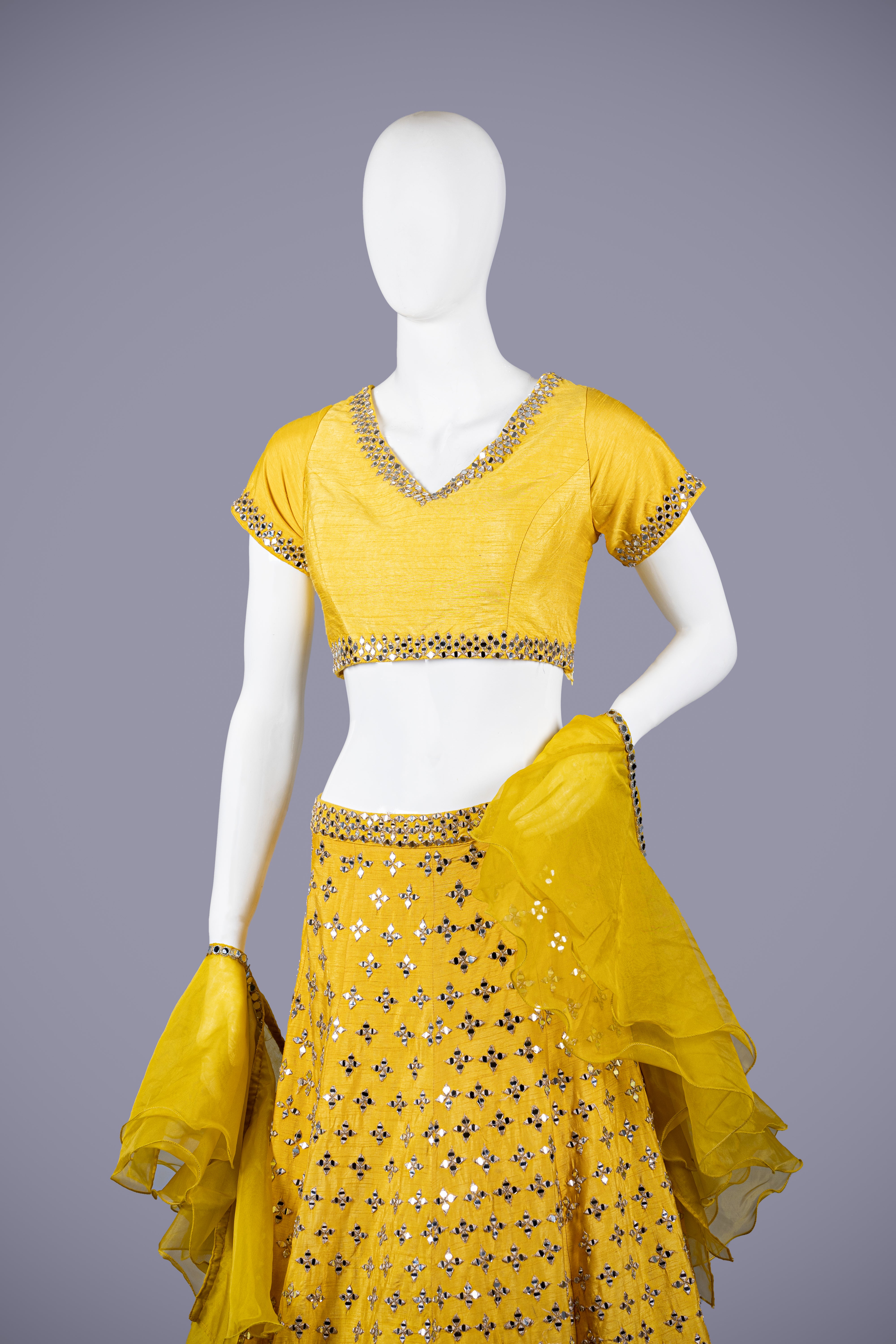 Yellow Raw Silk Choli with Mirror Work - Shreeman