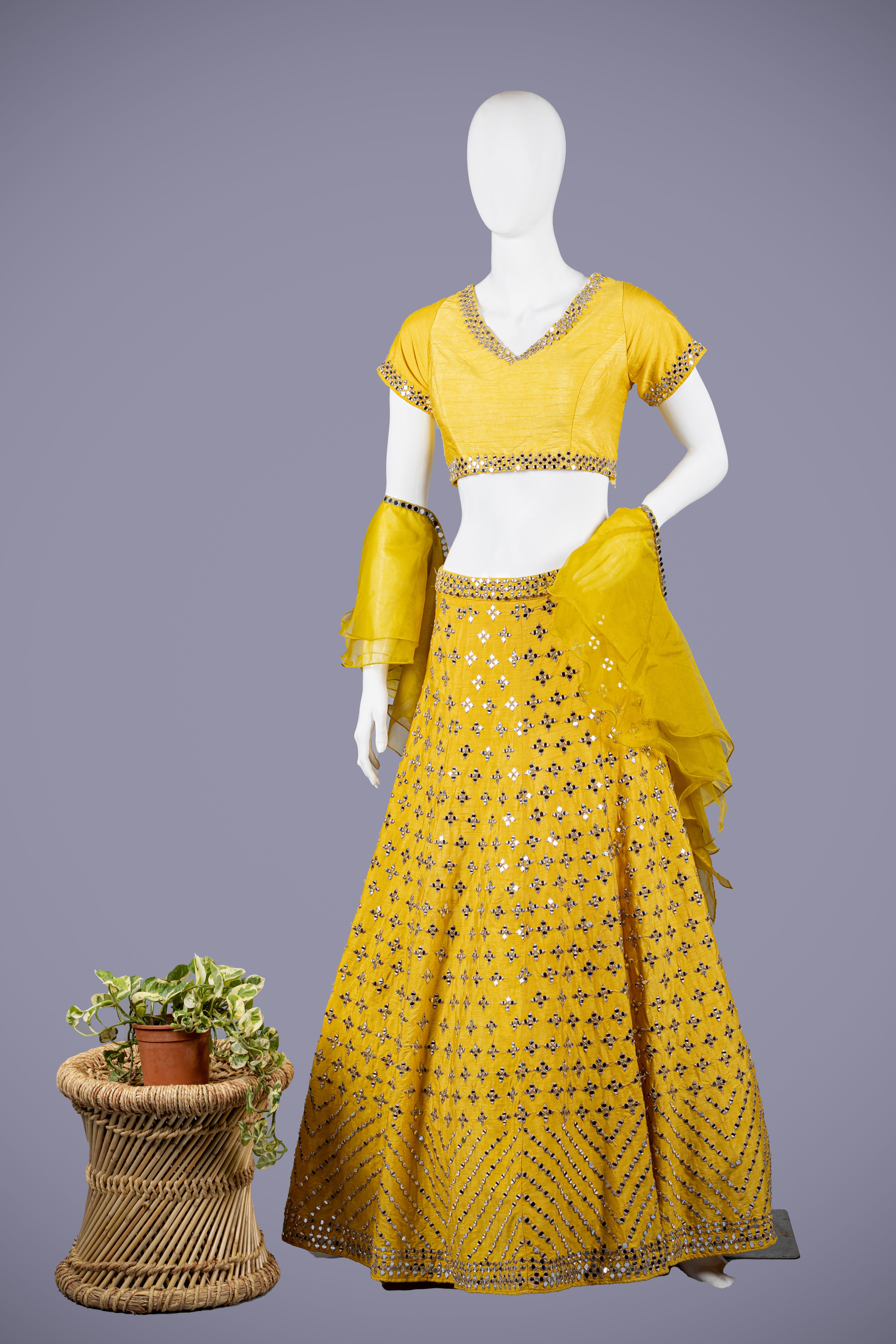 Yellow Raw Silk Choli with Mirror Work - Shreeman