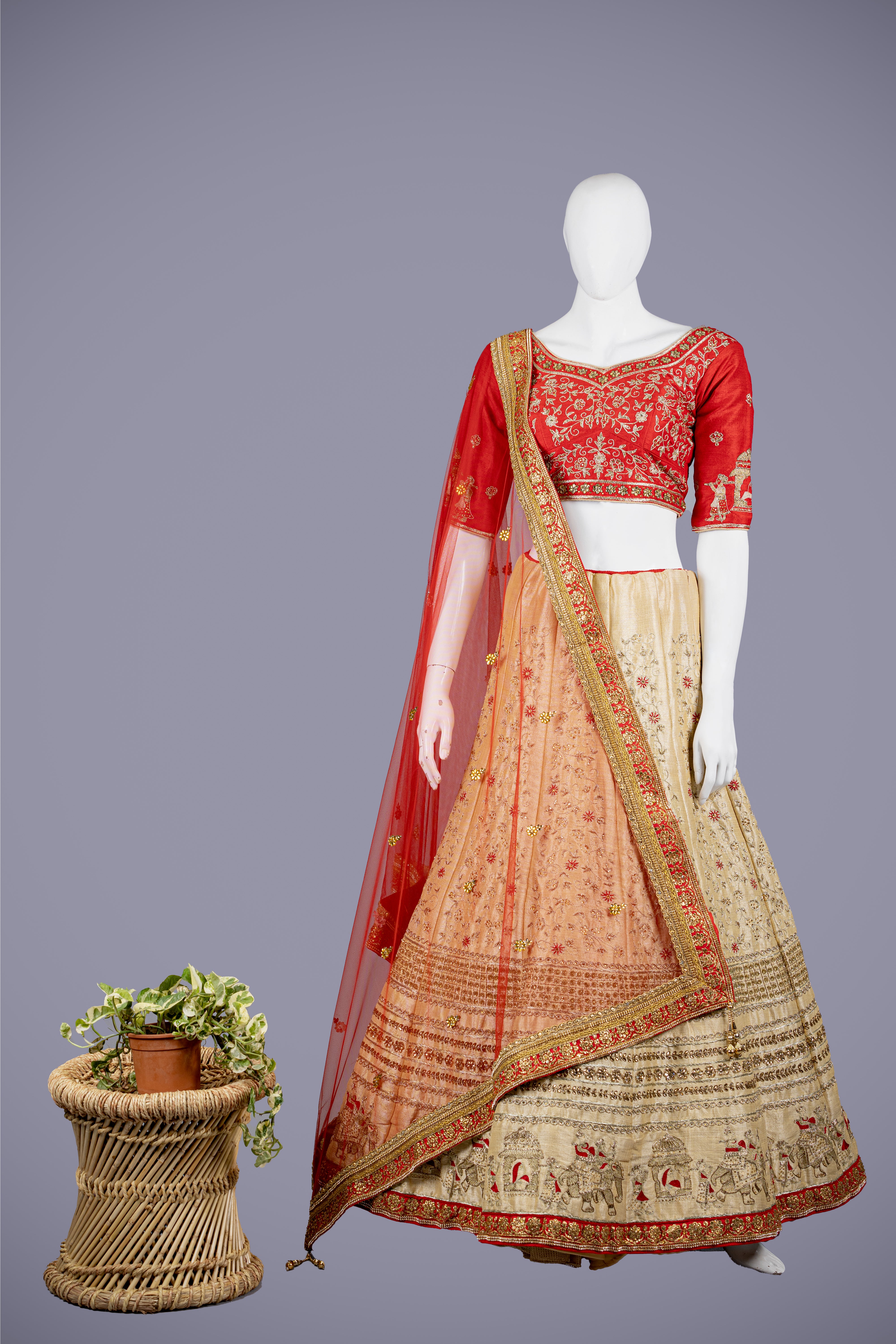 Cream & Red Silk Lehenga with Resham & Zardosi Work - Shreeman