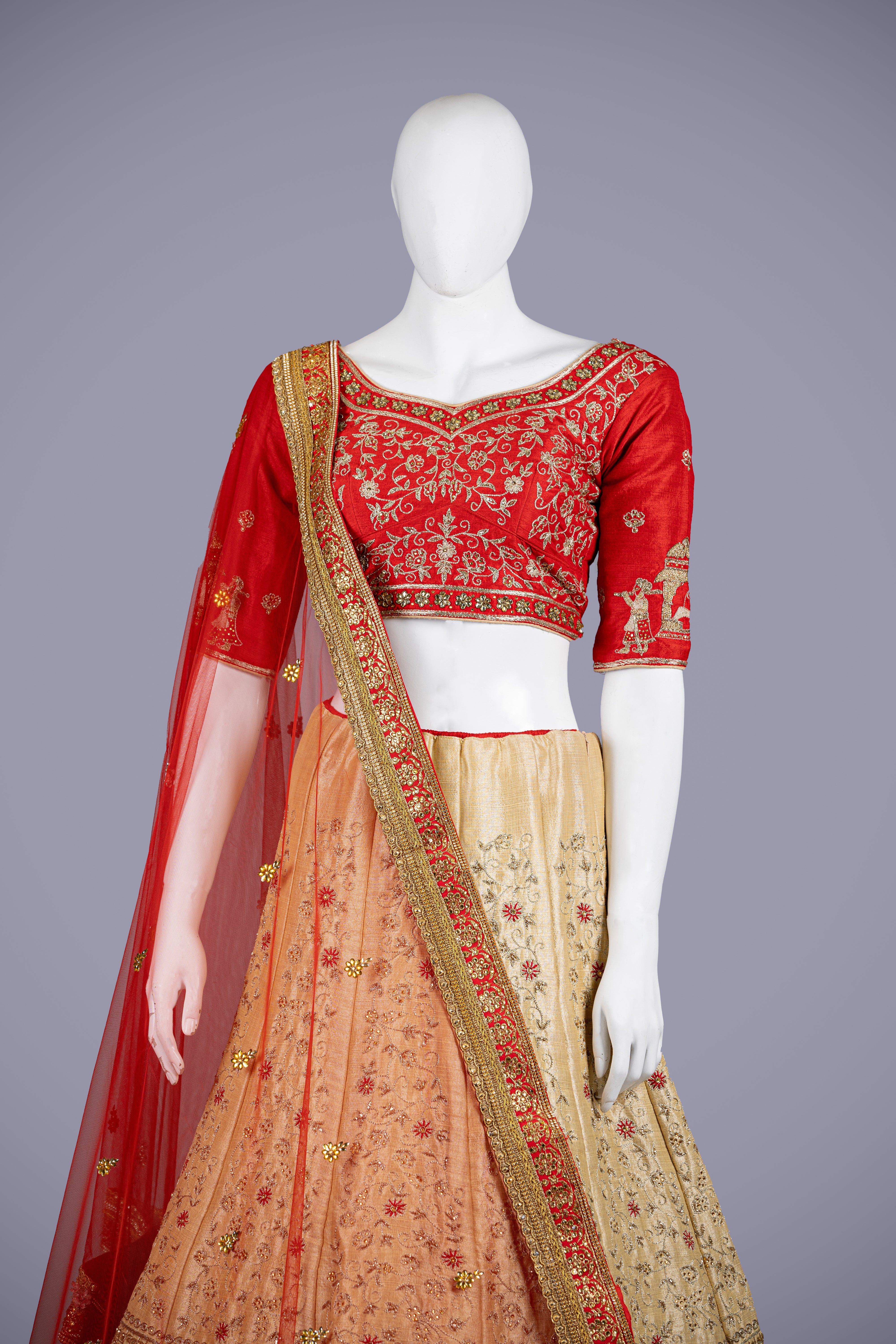 Cream & Red Silk Lehenga with Resham & Zardosi Work - Shreeman