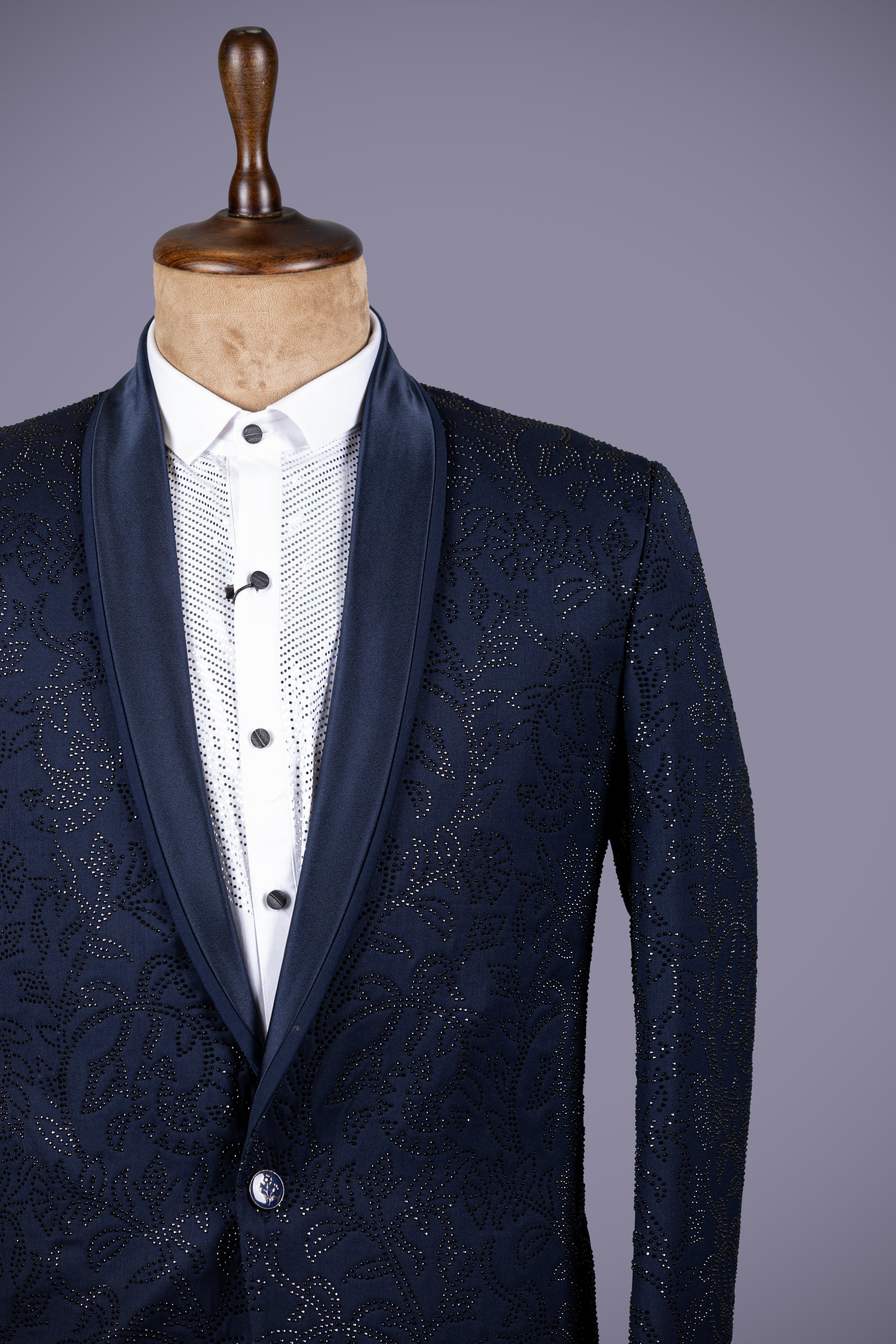 Standout Navy Blue Jacquard Tuxedo Suit - Shreeman