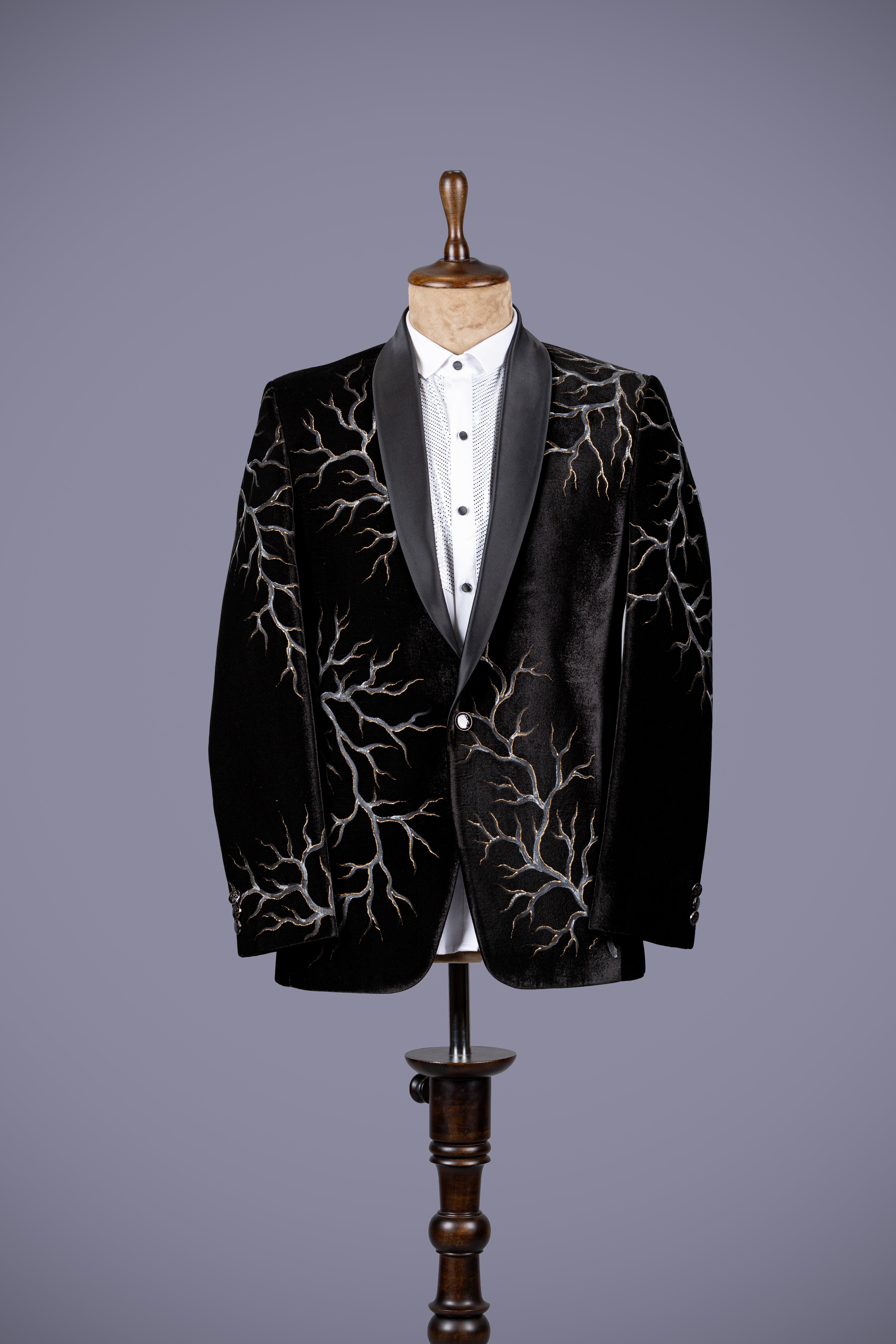 Bold Black Velvet Tuxedo with Hand-Painted Detailing - Shreeman