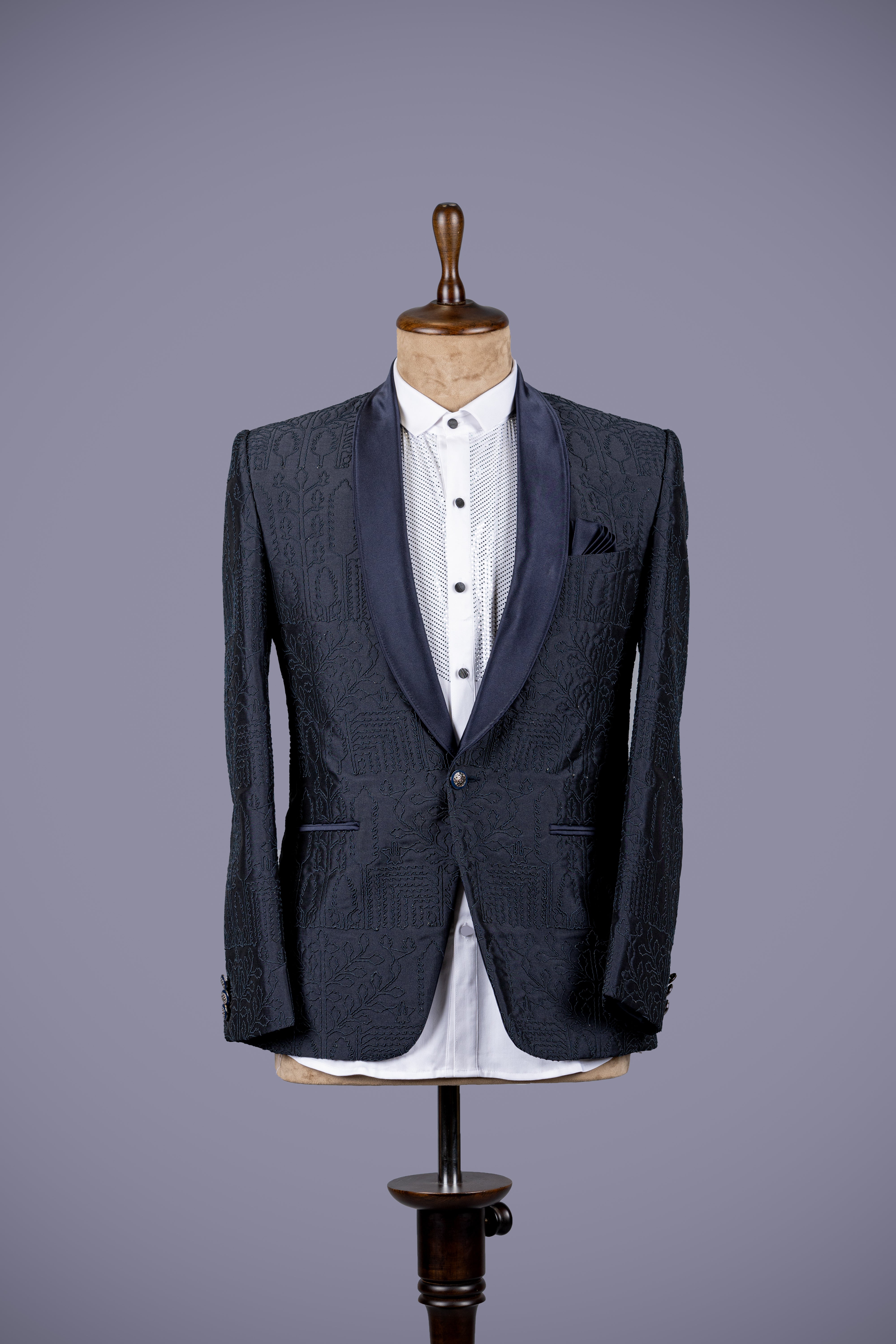 Navy Blue Italian Blazer with Intricate Thread Detailing - Shreeman