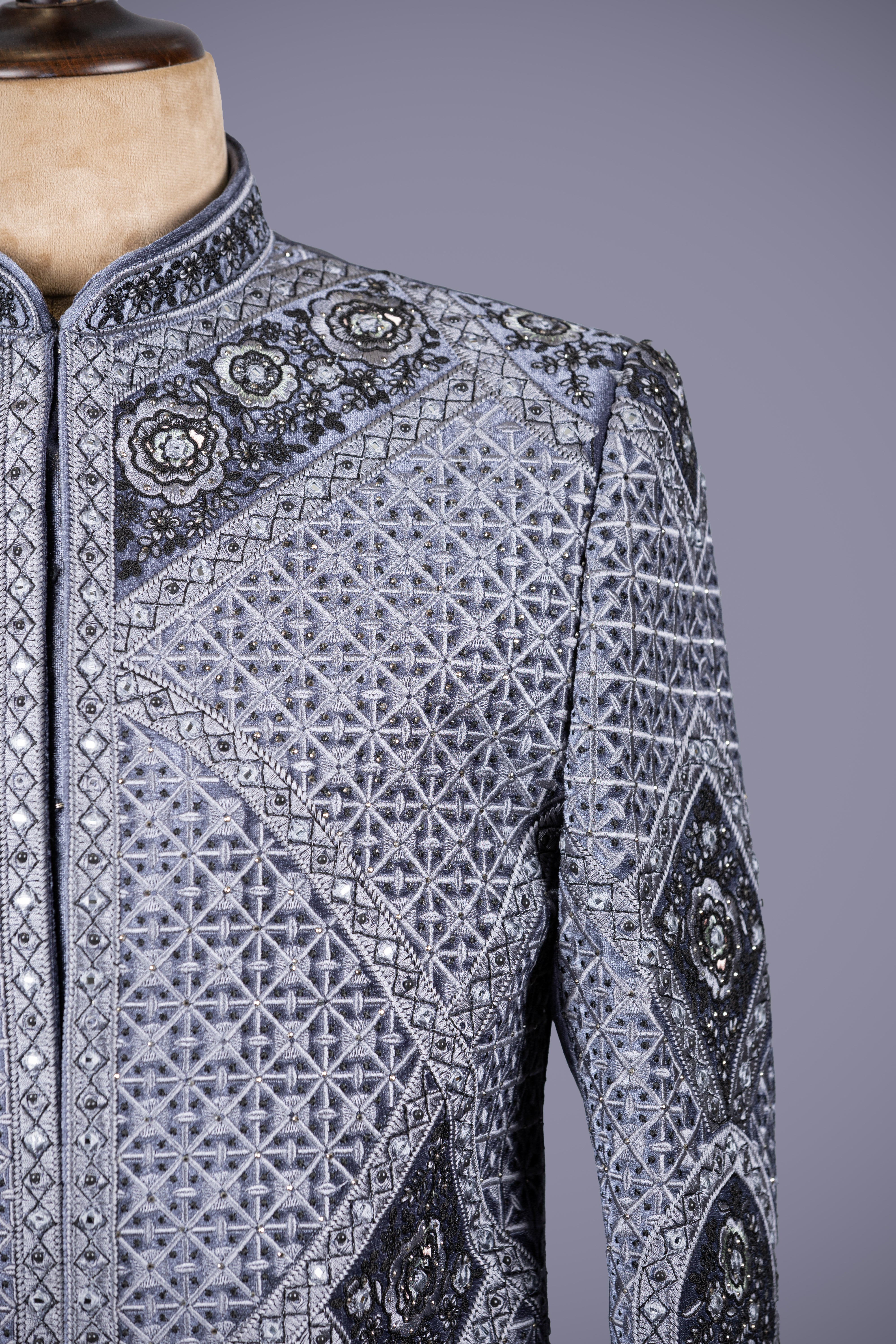 Gray Sherwani with Intricate Machine Embroidery - Shreeman