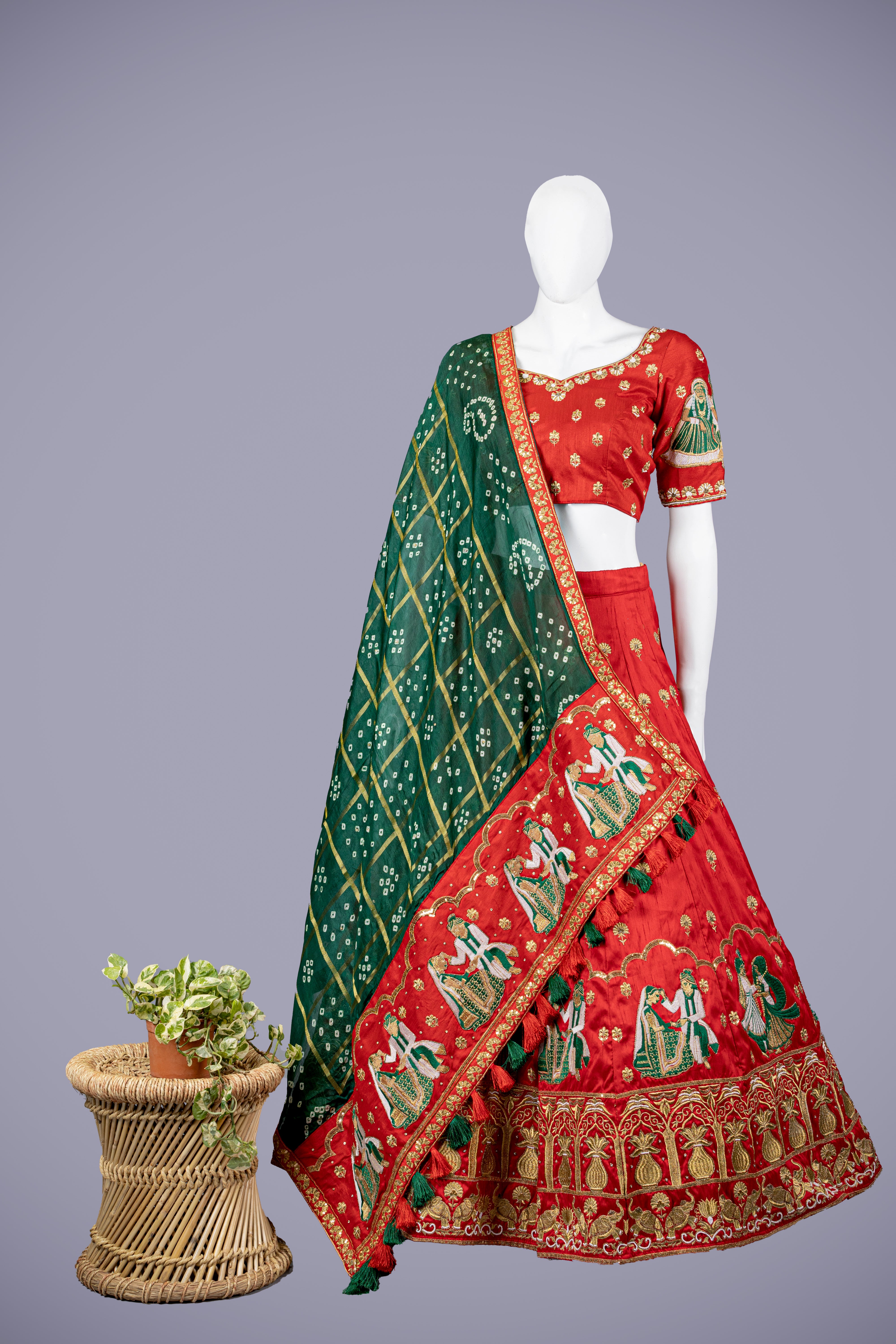 Red Silk Lehenga Choli with Embroidery - Shreeman