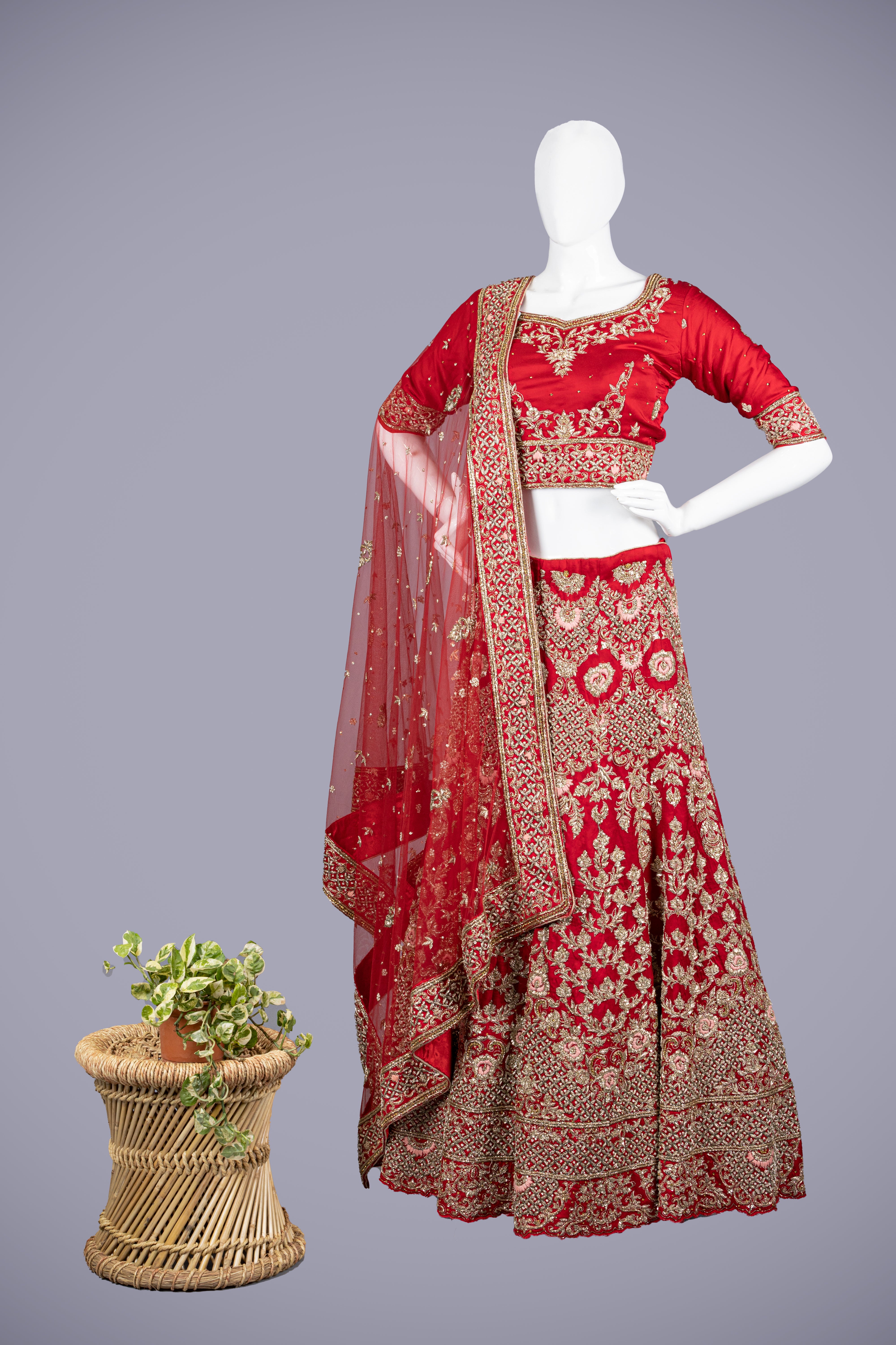 Red Silk Lehenga with Zardosi Handwork - Shreeman