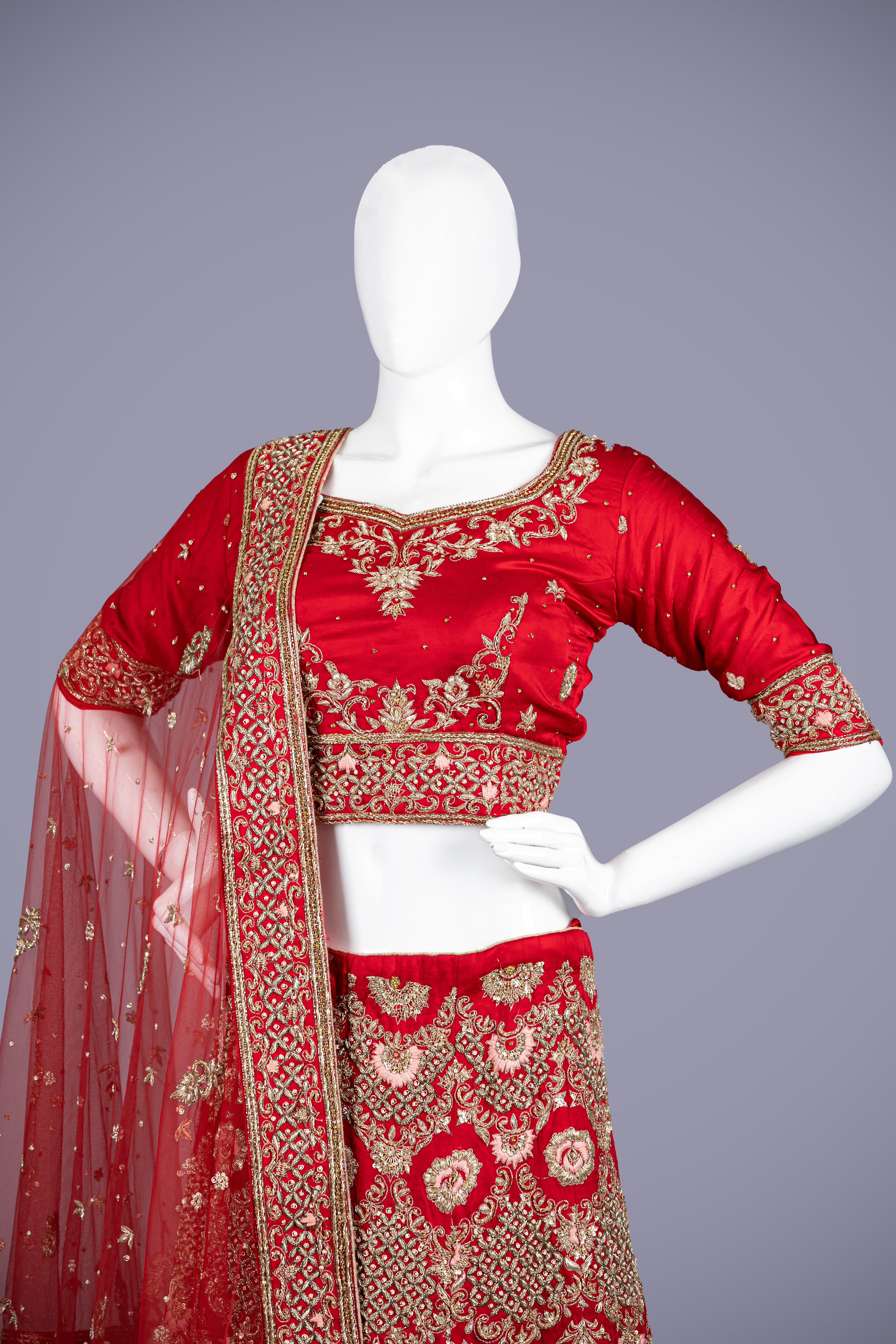 Red Silk Lehenga with Zardosi Handwork - Shreeman